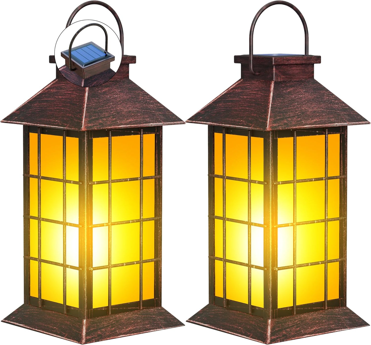 2 Pack 13" Copper Solar Lantern with Flickering Flame Candle | Outdoor Waterproof Hanging Solar Lanterns, Metal & Glass Lights for Garden Decoration, Rustic Gifts for Mom