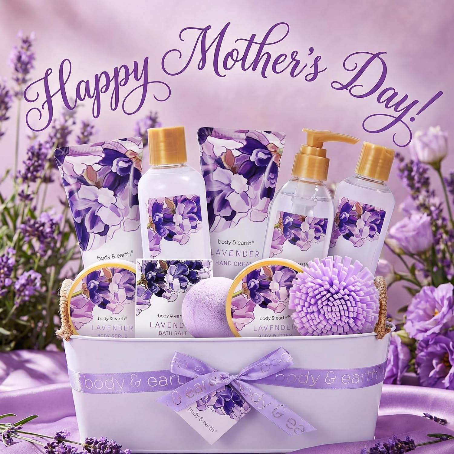 BODY & EARTH Lavender Spa Gift Baskets for Women Luxurious Gifts for Women Bath and Body Gift Sets 11pcs Bath Sets for Women Gift Mother's Day Gifts