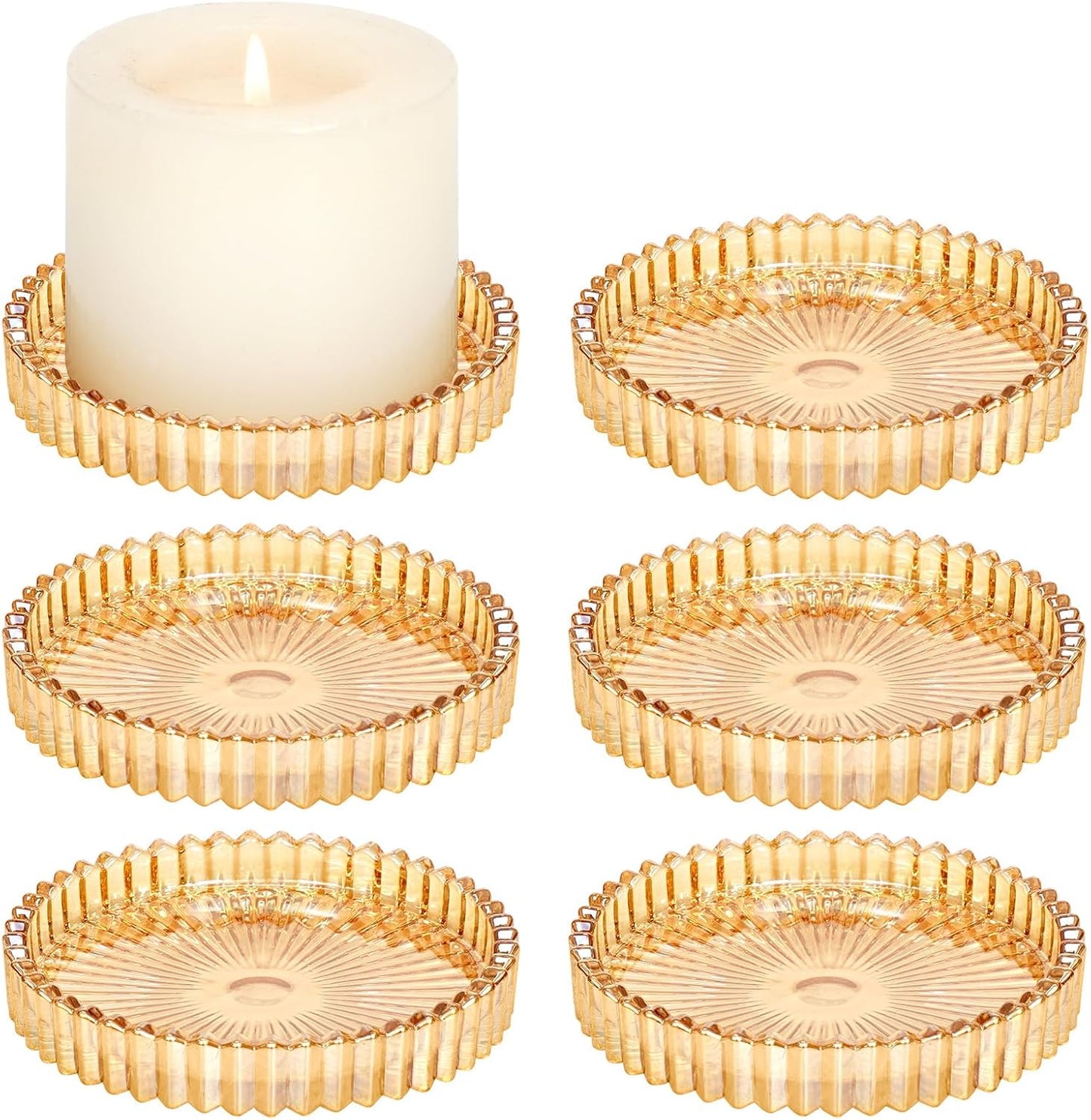 6 Pack 3.9 Inch Glass Pillar Candle Holder Plates, Round Gold Glass Plate Serrated Candle Stand, Candle Tray Plates for Wedding, Party, Dinning, Table Centerpiece and Home Decor