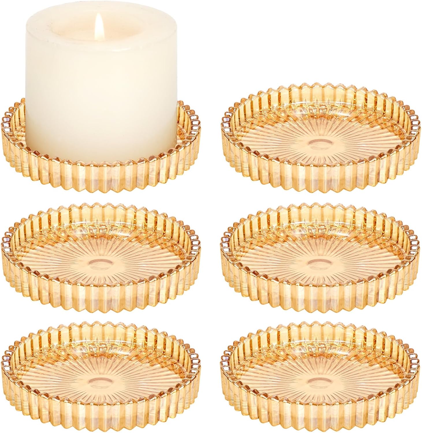6 Pack 3.9 Inch Glass Pillar Candle Holder Plates, Round Gold Glass Plate Serrated Candle Stand, Candle Tray Plates for Wedding, Party, Dinning, Table Centerpiece and Home Decor