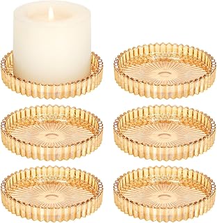 6 Pack 3.9 Inch Glass Pillar Candle Holder Plates, Round Gold Glass Plate Serrated Candle Stand, Candle Tray Plates for Wedding, Party, Dinning, Table Centerpiece and Home Decor