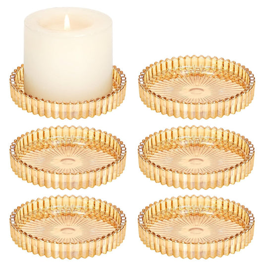 6 Pack 3.9 Inch Glass Pillar Candle Holder Plates, Round Gold Glass Plate Serrated Candle Stand, Candle Tray Plates for