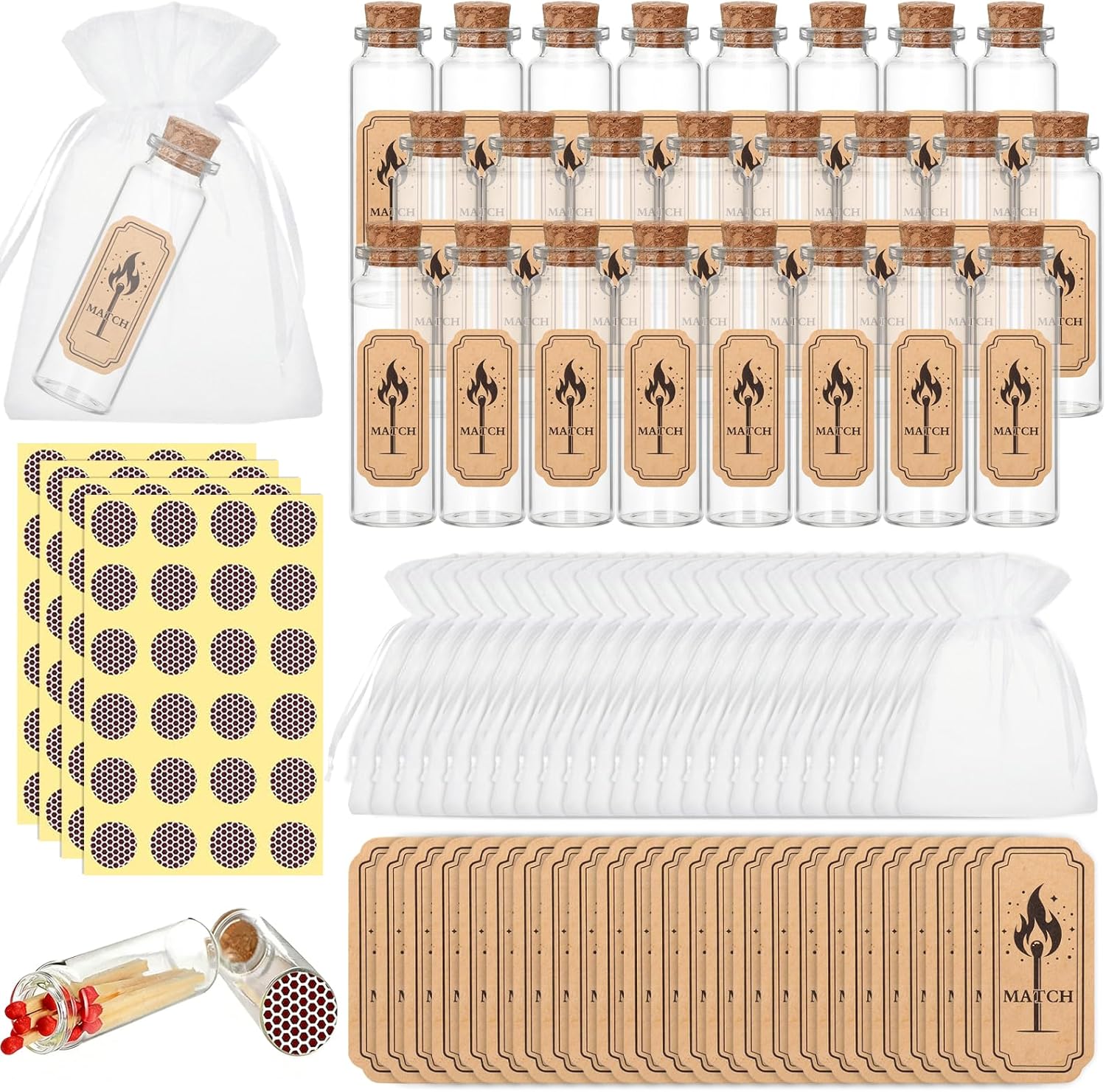 24 Set Glass Match Holder with Striker sticker & Cork Top, Clear Decorative Wedding Matches Jars Bulk，Matches in a jar with striker for Weddings Bridal Showers DIY Custom Party Favors Guests Gifts