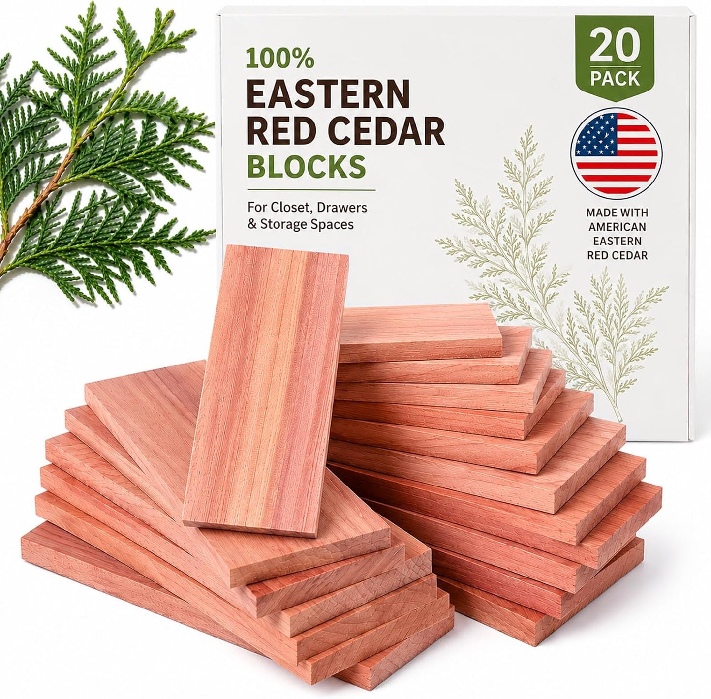 100% Natural Cedar Blocks for Clothes Storage, 20 Pack, Keep Your Closet, Drawers, Shoe Rack, and Gym Bag Smelling Fresh