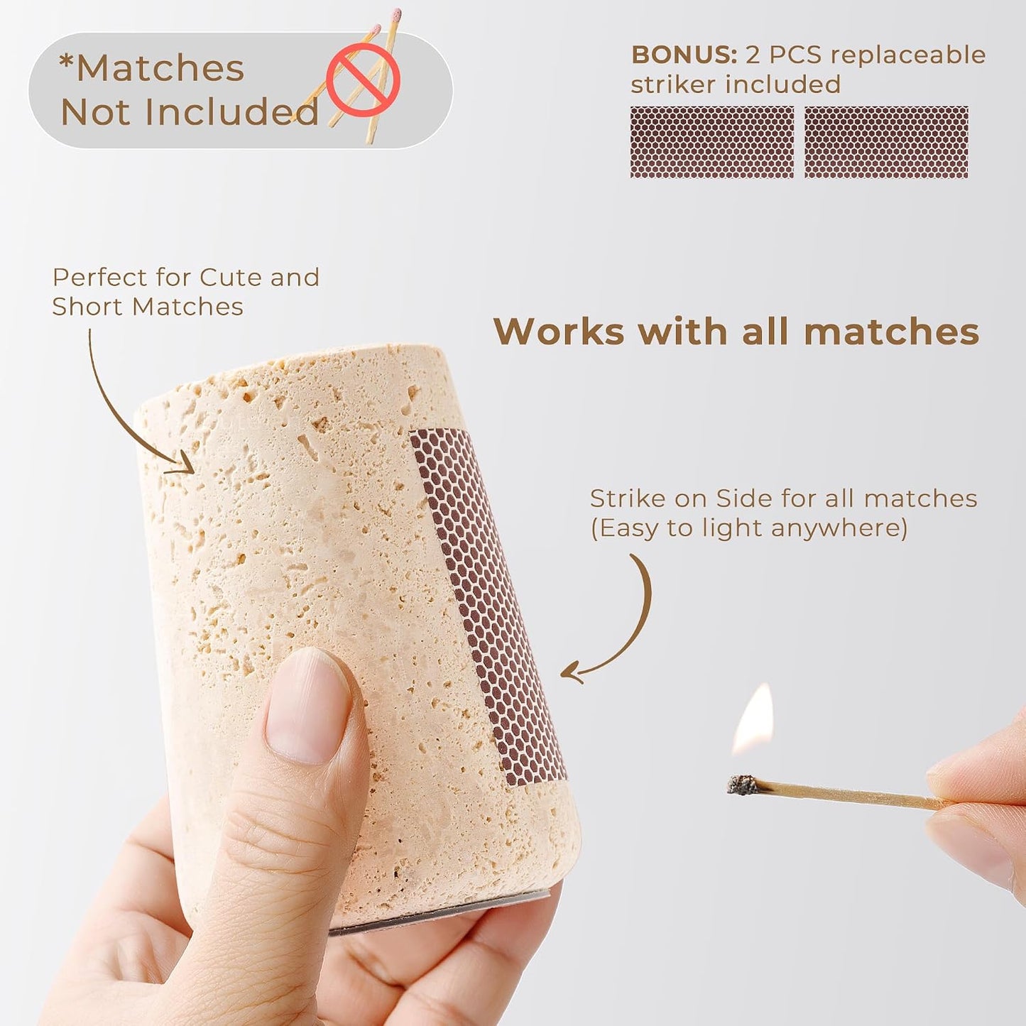 Travertine Match Holder with Striker & Extra Striker Pad - 2.9" x 3.9" Large Decorative Matchstick Organizer for Fireplace, Candles, Parlor Match Jar for Home Decor Gift, Matches Not Included
