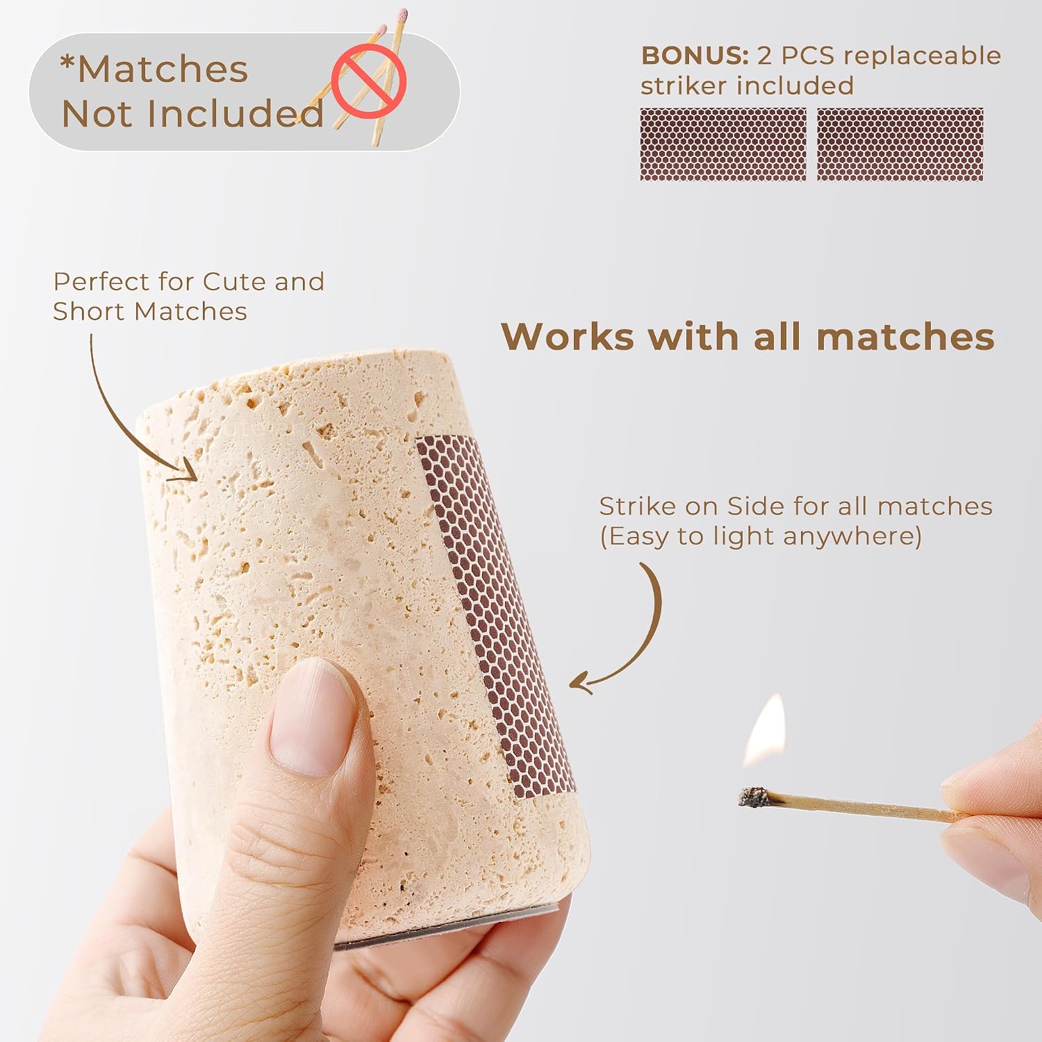 Travertine Match Holder with Striker & Extra Striker Pad - 2.9" x 3.9" Large Decorative Matchstick Organizer for Fireplace, Candles, Parlor Match Jar for Home Decor Gift, Matches Not Included