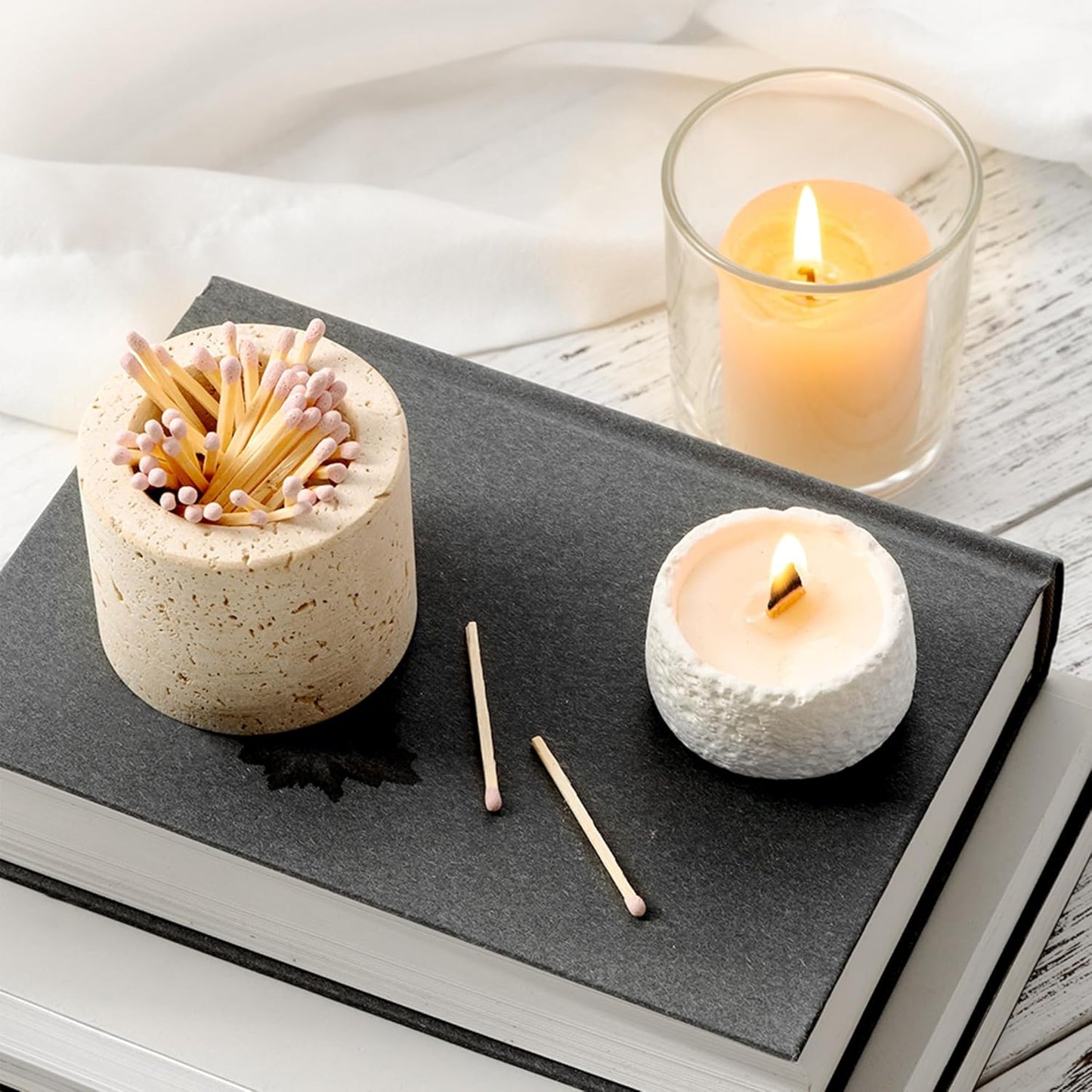Travertine Stone Match Holder with Striker & Extra Striker Pad - 2.6" x 2" Decorative Matchstick Organizer for Fireplace, Candles, Parlor Cute Match Jar for Home Decor Gift, Matches Not Included