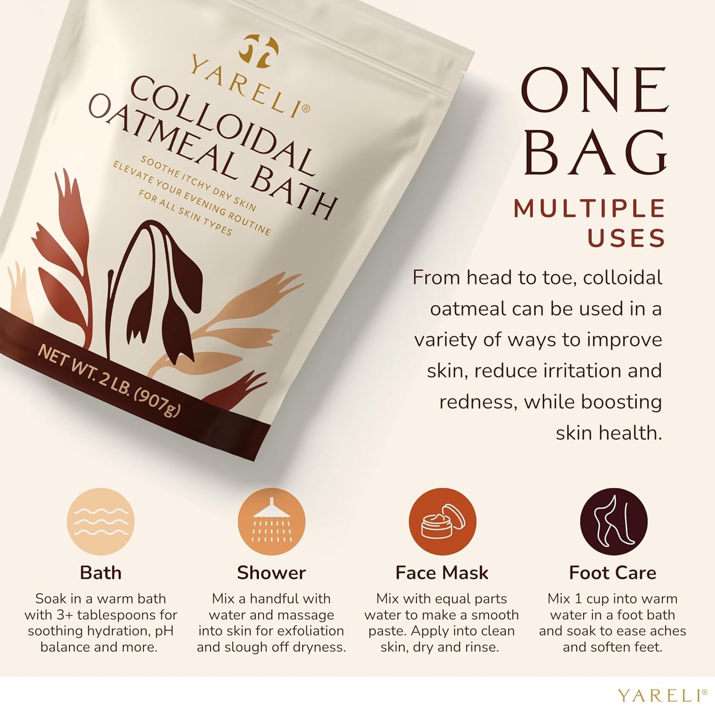 Yareli Colloidal Oatmeal, 2lb (32oz), Bath Powder for Dry Skin for All Ages