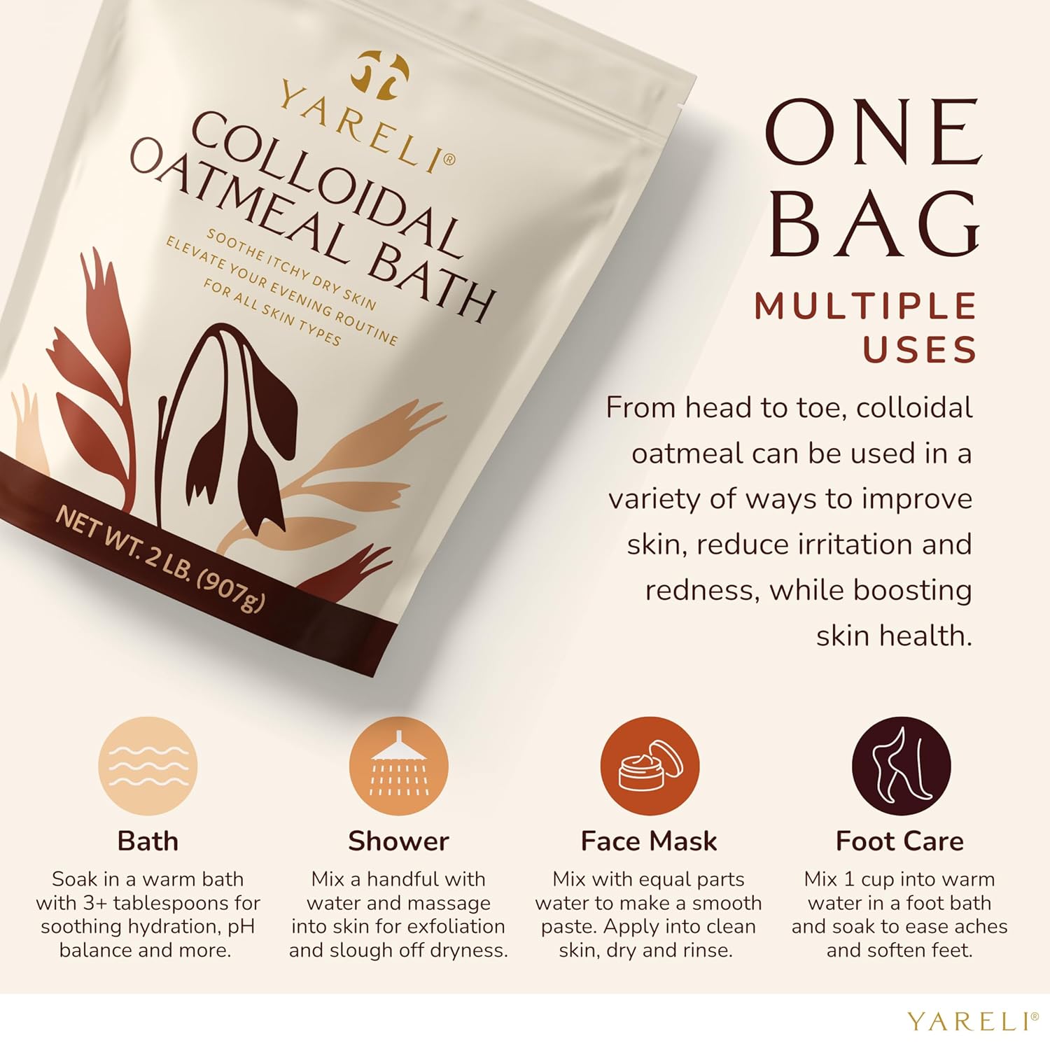 Yareli Colloidal Oatmeal, 2lb (32oz), Bath Powder for Dry Skin for All Ages