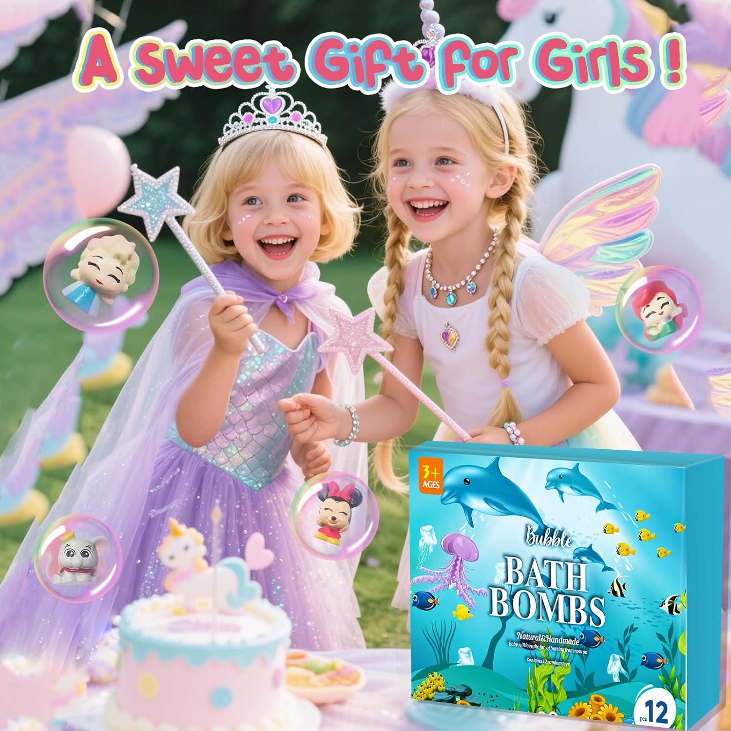 Bath Bombs for Kids: 12 Pcs Princess Bath Bombs with Toys Inside, Kids Bath Bomb Rich in Natural Essential Oils, Organic Bath Bomb Gift Set for Dry Skin Moisturize, Summer Party Favors for Girls
