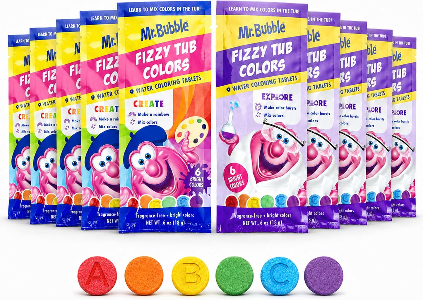 Mr. Bubble Fizzy Tub Colors Bath Water Coloring Tabelets, 6 Bright Colors, Red, Orange, Yellow, Purple, Blue and Green, Fragrance Free (12 Packets, 9 Tablets Each)
