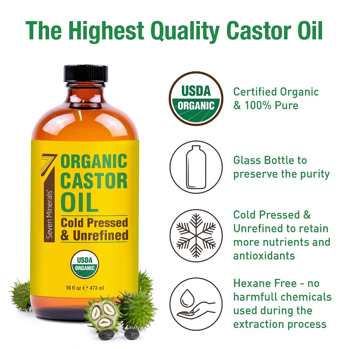 Seven Minerals USDA Organic Castor Oil - Big 16 oz Glass Bottle with Pump - 100% Pure Cold Pressed Unrefined Hexane Free