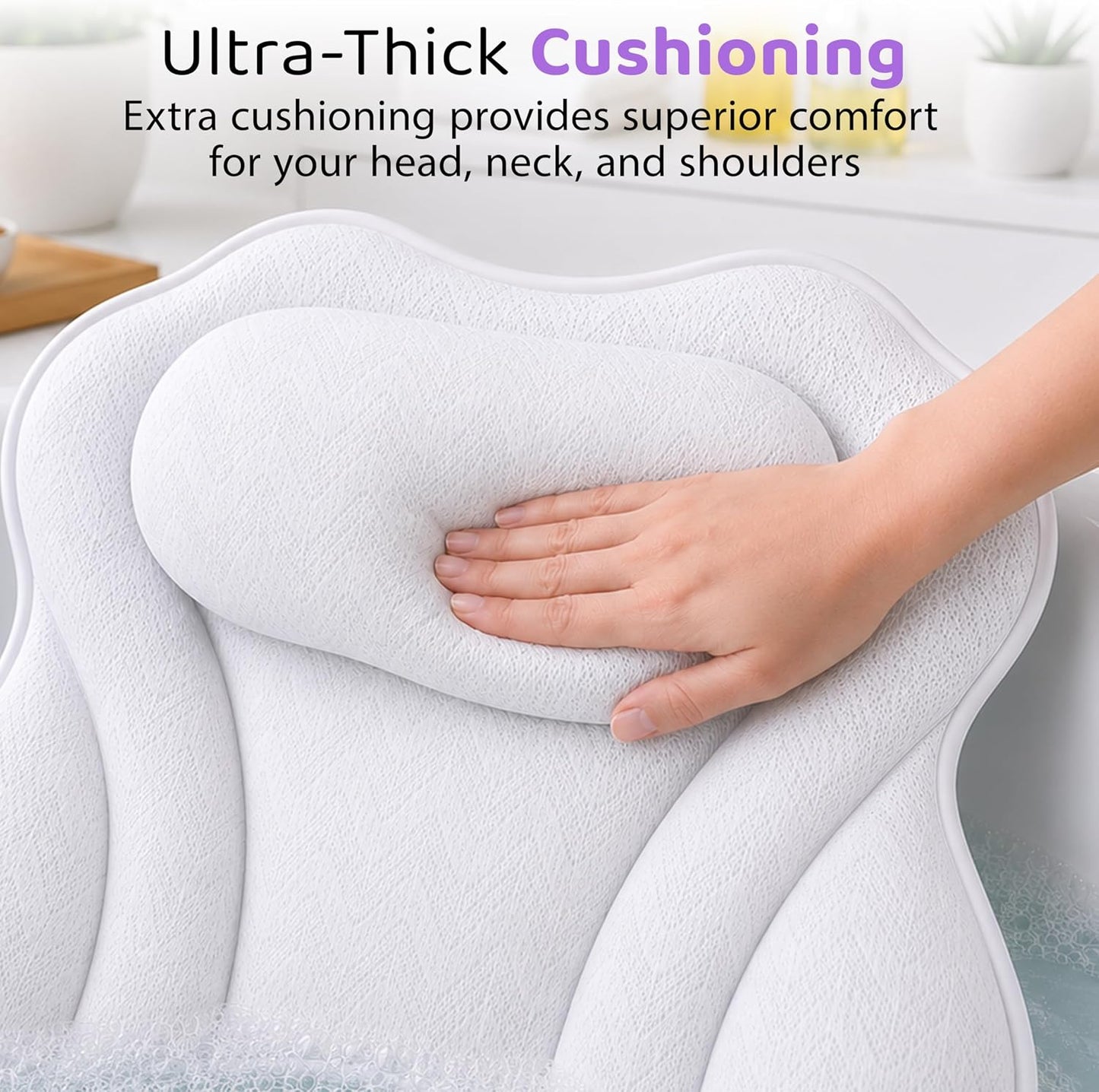 MONK & LLAMA Bath Pillow for Tub Soft Bathtub Pillow for Head and Neck Support Non-Slip Tub Pillow with Quick-Dry Mesh Comfortable Bath Accessory for Women & Men - Wavy, White