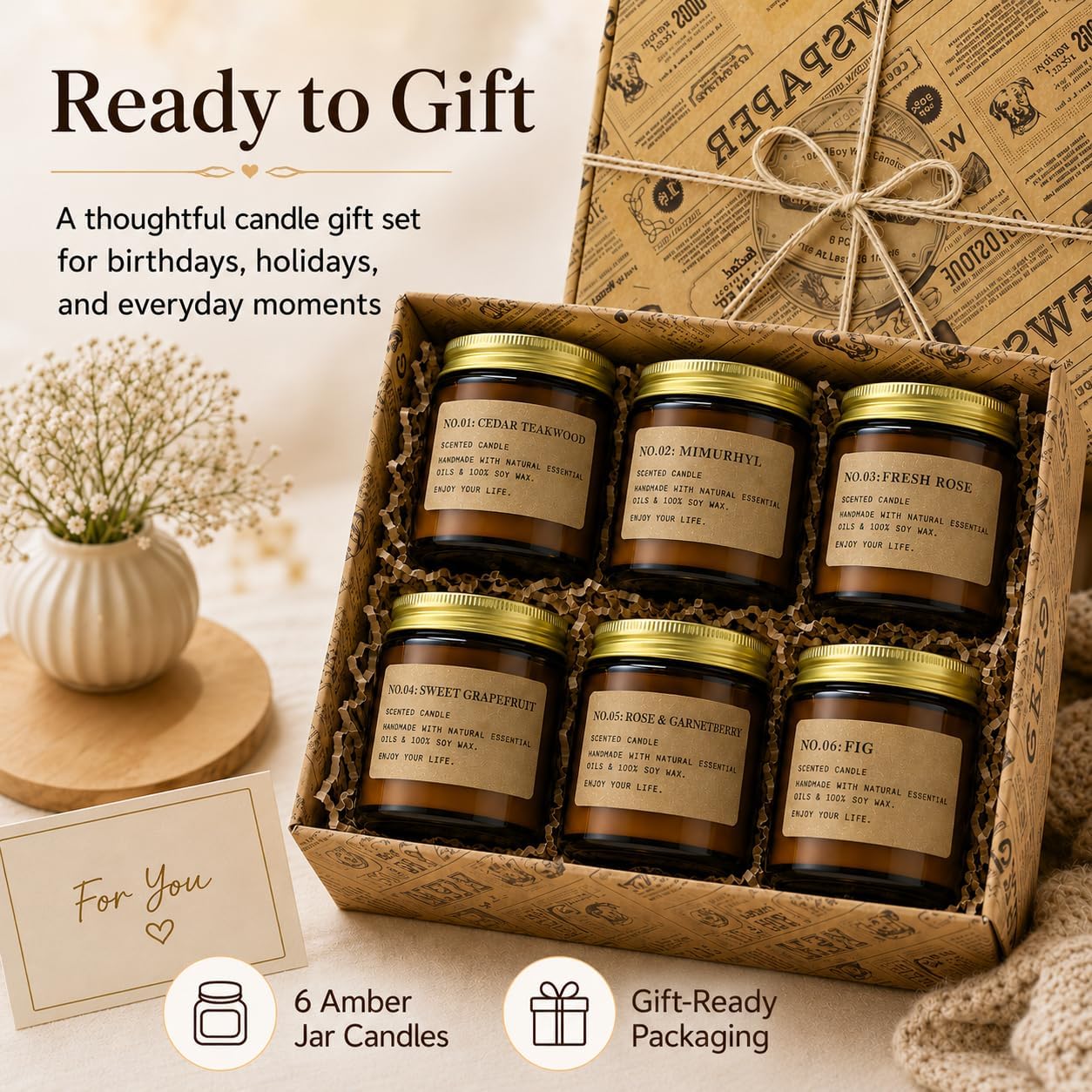 6 Pack Candles for Home Scented Aromatherapy Candle Gift Set for Women Soy Wax Long Lasting Amber Jar Candles Gift for Birthday Mother's Thanksgiving Day Present