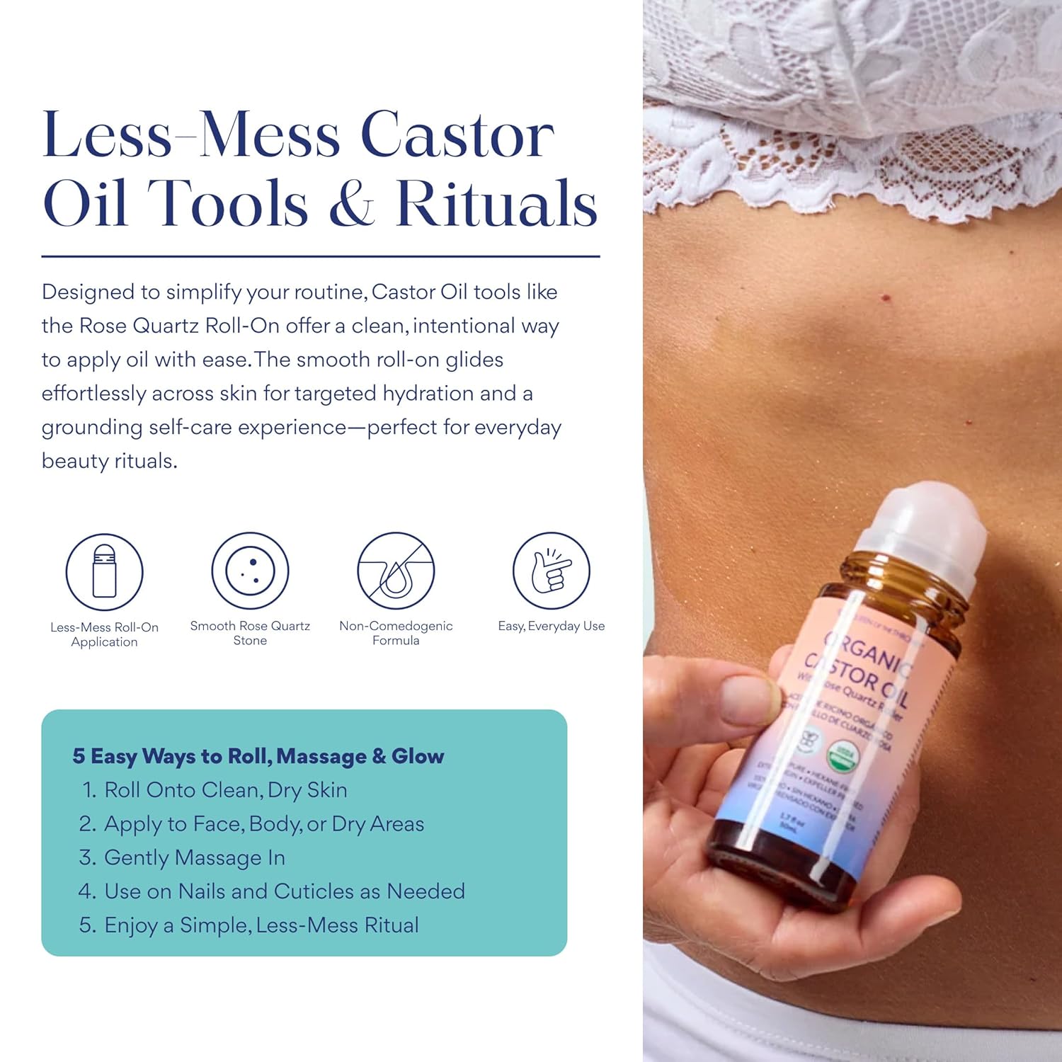 QUEEN OF THE THRONES® Organic Golden Castor Oil Roll-On with Rose Quartz | 100% Pure for Skin, Brows & Lashes and less mess Castor Oil Packs | Hexane-Free | USDA Certified | Cold-Pressed 1.7oz (50mL)