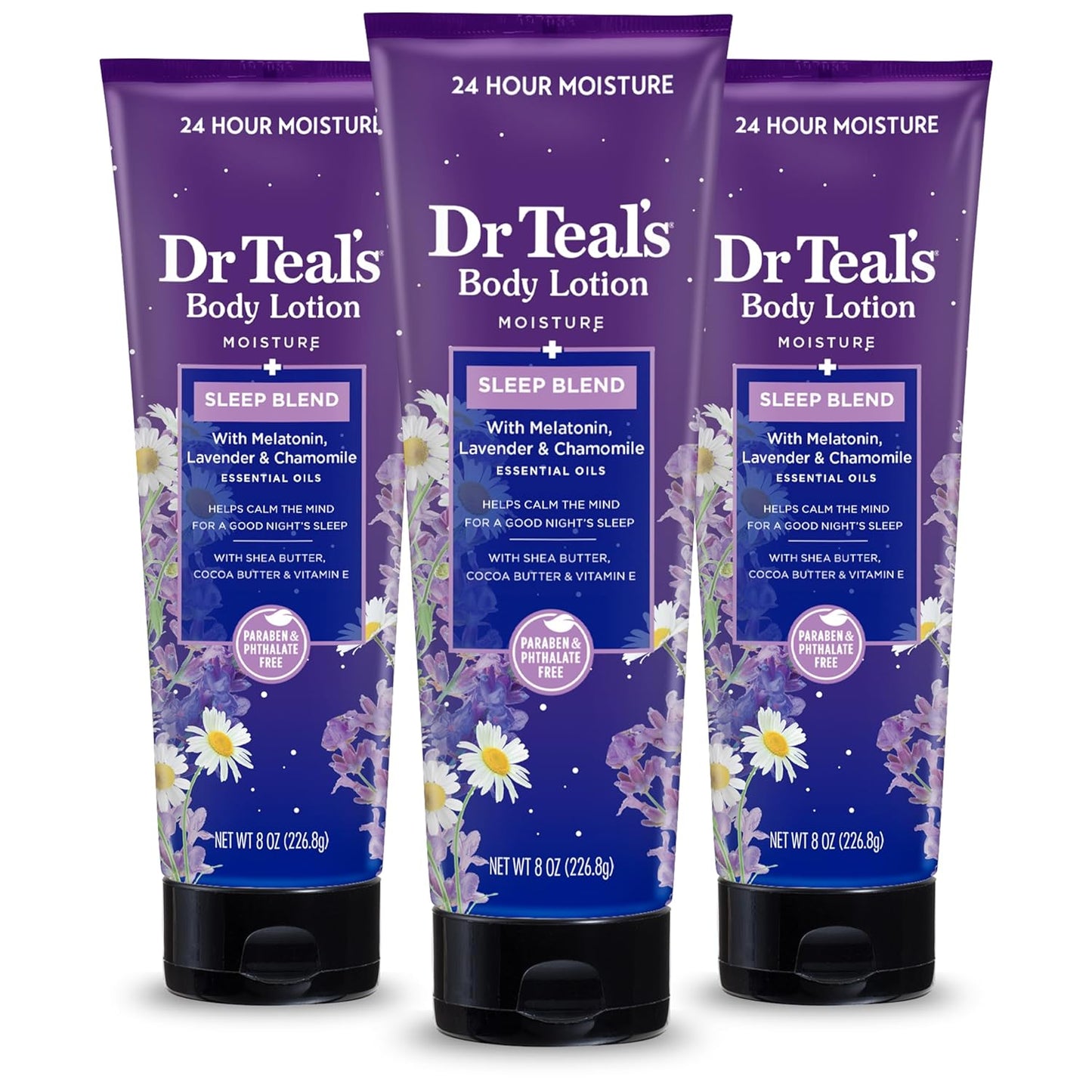 Dr Teal's Sleep Body Lotion, 24-Hour Moisture, with Melatonin, Lavender & Chamomile Essential Oils, 8 fl oz (Pack of 3) & Foaming Bath with Pure Epsom Salt, Sleep Blend with Melatonin