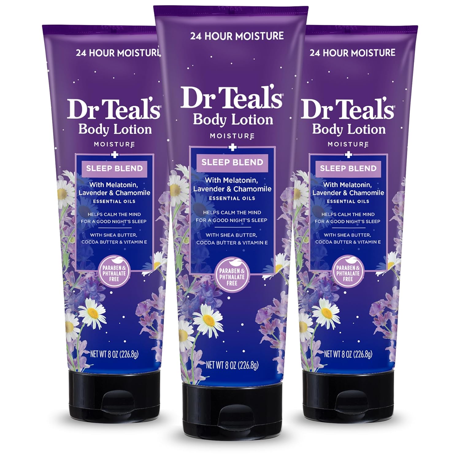 Dr Teal's Sleep Body Lotion, 24-Hour Moisture, with Melatonin, Lavender & Chamomile Essential Oils, 8 fl oz (Pack of 3) & Foaming Bath with Pure Epsom Salt, Sleep Blend with Melatonin