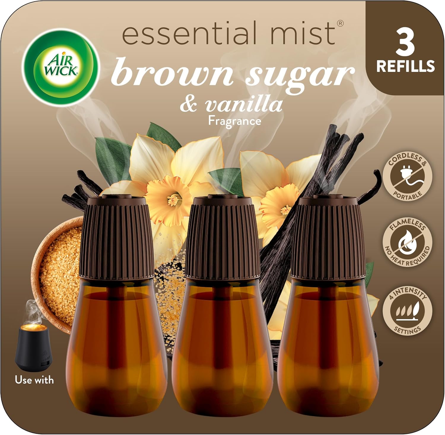 Air Wick Essential Mist Refill, 3ct, Brown Sugar & Vanilla, Fall Scent, Essential Oils, Air Freshener