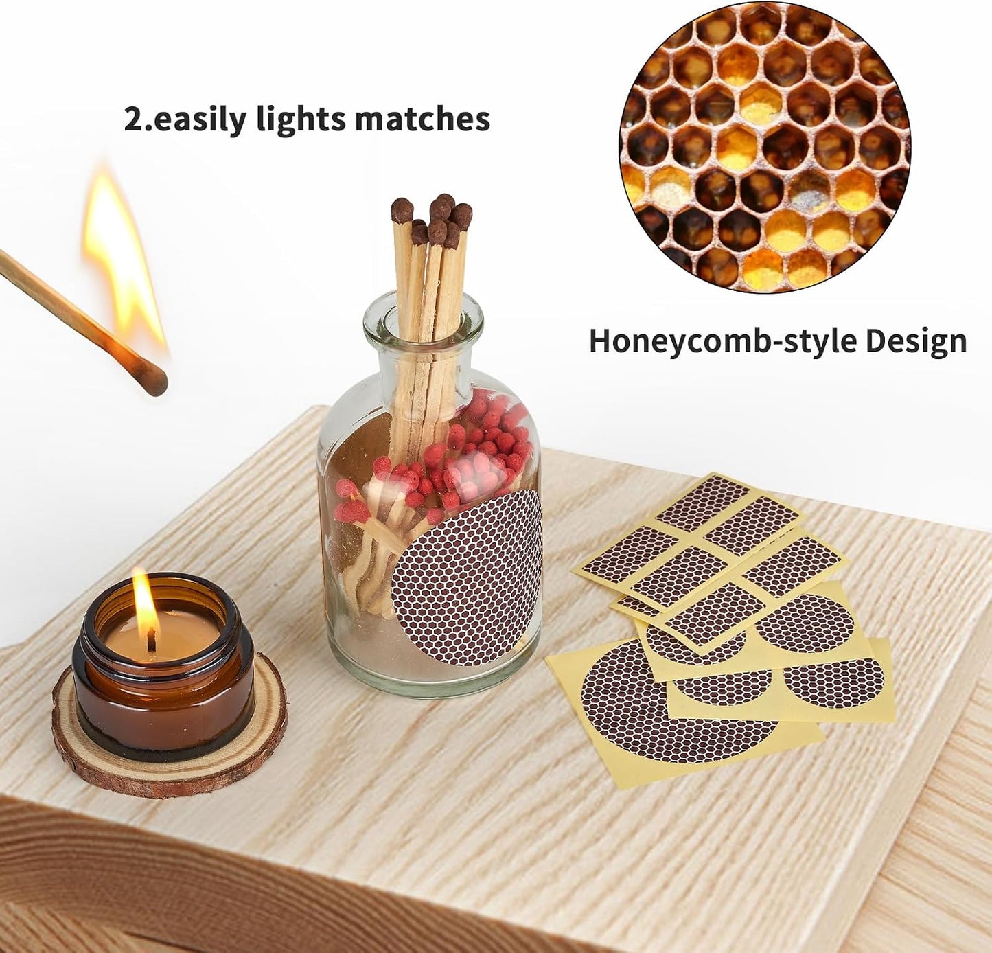 60 Pcs Match Striker Paper with Adhesive, 3 Sizes of Matches Sticker Striker for Match Holder, Matches for Candles, Matches Box Bulk, Matches in A Jar with Striker, Decorative Match Cloche