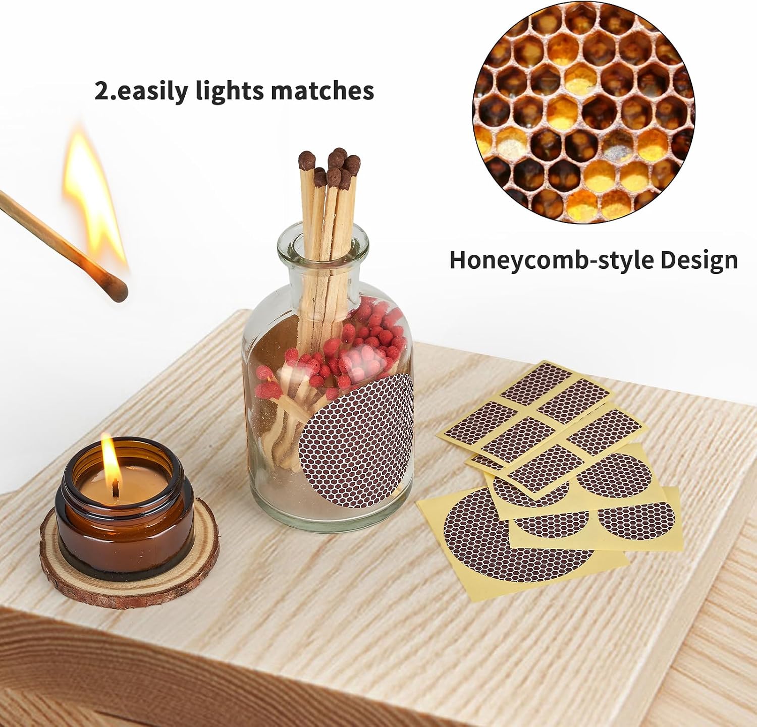 60 Pcs Match Striker Paper with Adhesive, 3 Sizes of Matches Sticker Striker for Match Holder, Matches for Candles, Matches Box Bulk, Matches in A Jar with Striker, Decorative Match Cloche