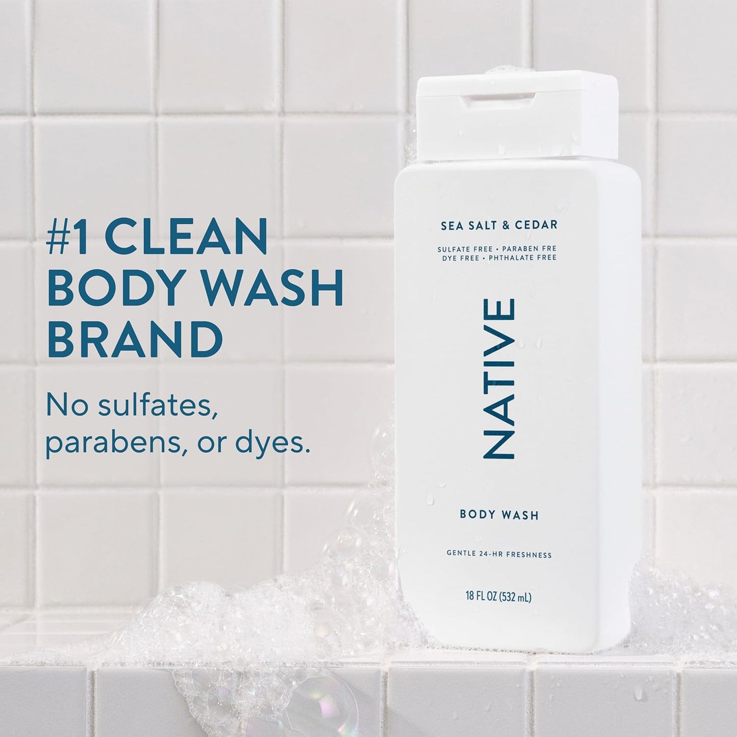 Native Sea Salt & Cedar Scent 24-Hr Refreshing Clean Body Wash for Men & Women, for All Skin Types Incl. Sensitive, Leaves Skin Feeling Clean & Soft, Free of Phthalates, Sulfates & Parabens, 18 oz