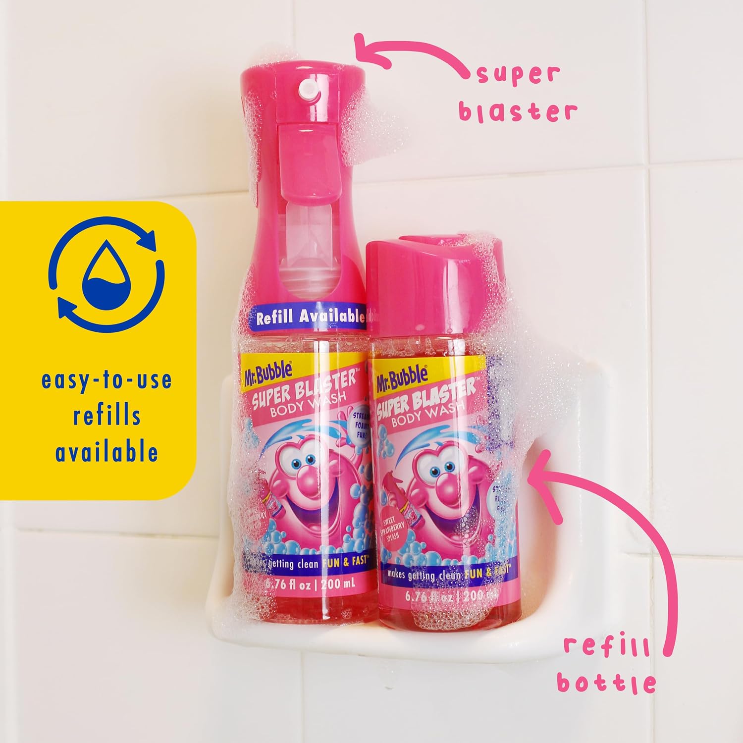 Mr. Bubble Super Blaster Body Wash, Sweet Strawberry Splash Scent, Fun Body Wash Sprayer for Kids Shower and Bath, 6.76 fl oz