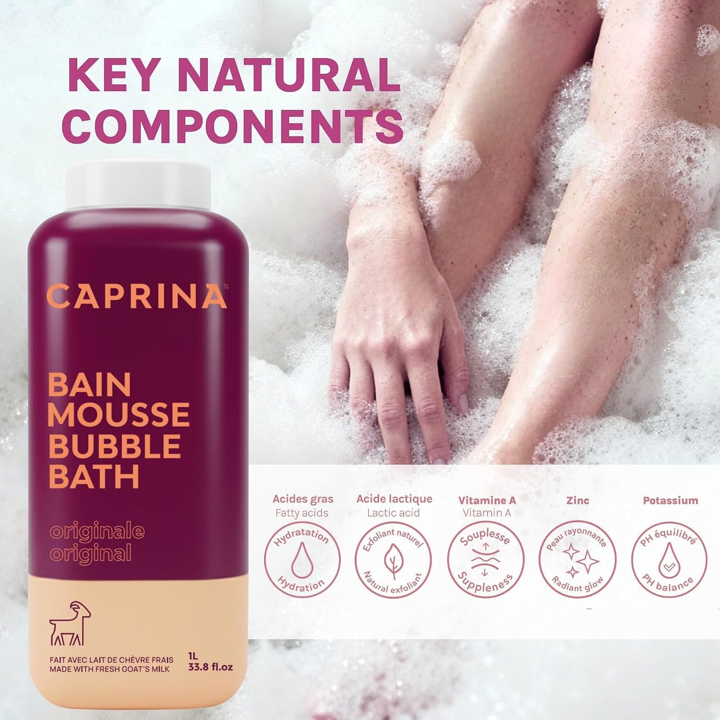 Caprina by Canus Goat Milk Bubble Bath, Original, 1 L (33.8 fl oz), Hydrating Relaxing Foam Bath, Moisturizing & Gentle on Skin, Made in Canada