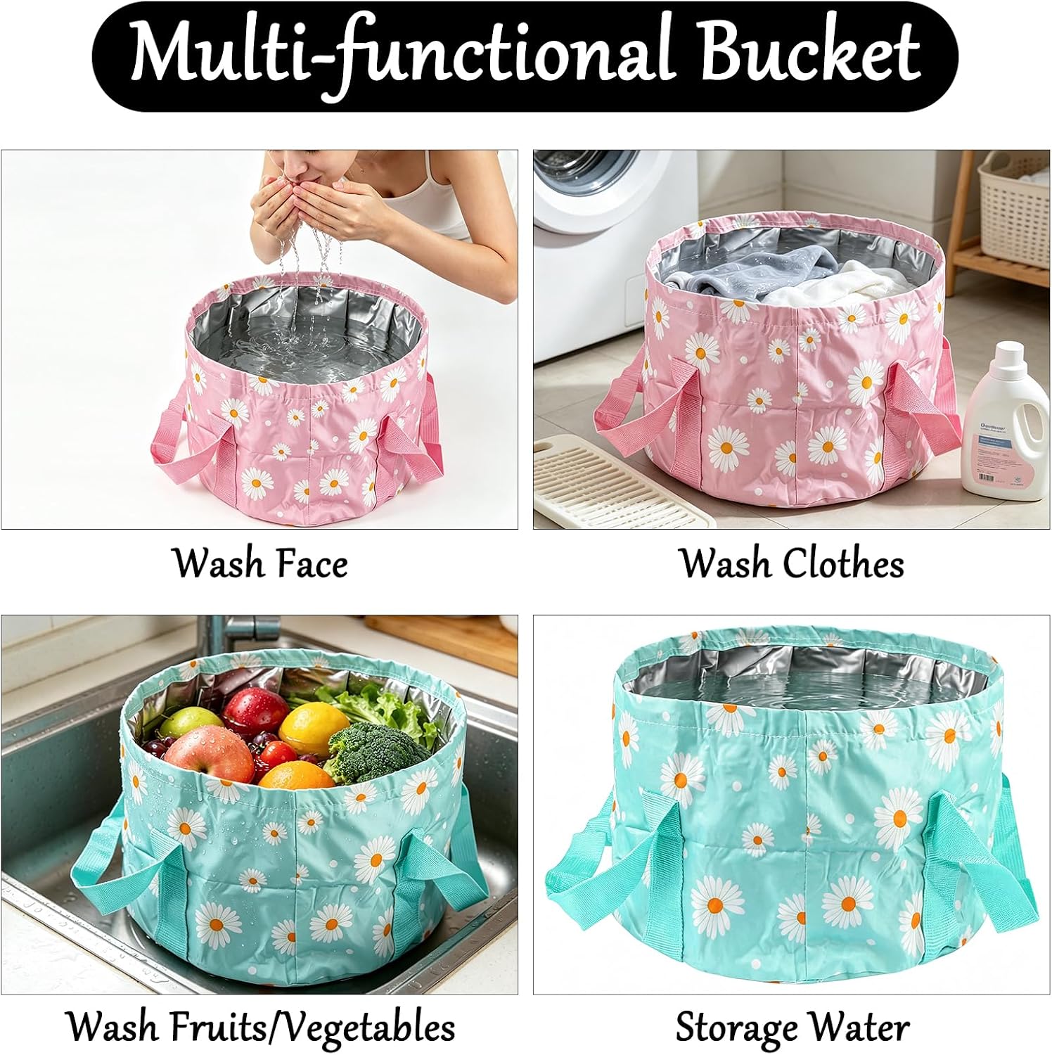 Daisies Print Collapsible Foot Bath Basin,Portable Foot Spa Soaking Bath Basin Feet Home Collapsible Bucket for Camping Washing Fishing, Pack of 2