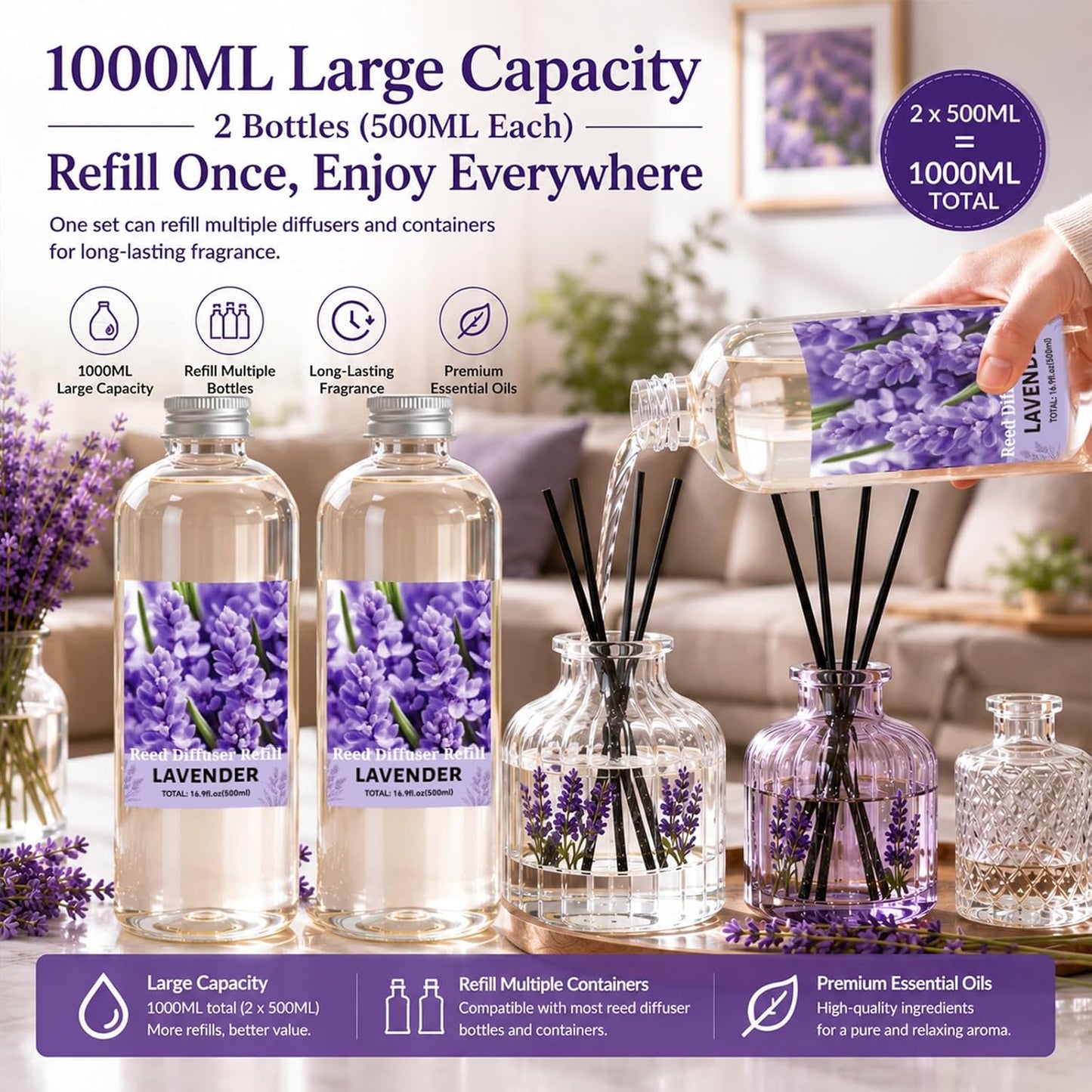 STRN Lavender Reed Diffuser Refill 1000ml Large Capacity with 12 Reed Sticks, Summer Aromatherapy for Home, Long-Lasting Fragrance for Living Room, Bedroom, Office, Bathroom