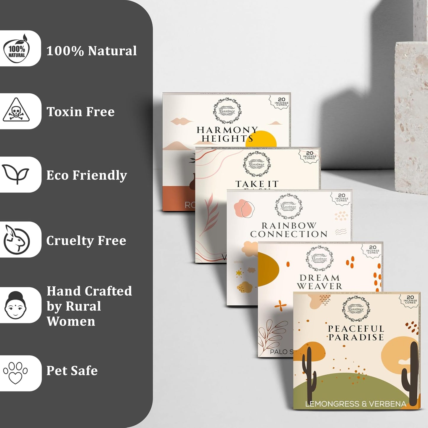 Raajsee Incense Cones, 6 Pack Cone Incense Gift Pack 15 pc Each (90 Total), Insence Cones Variety Pack, 100% Organic Non Toxic Natural