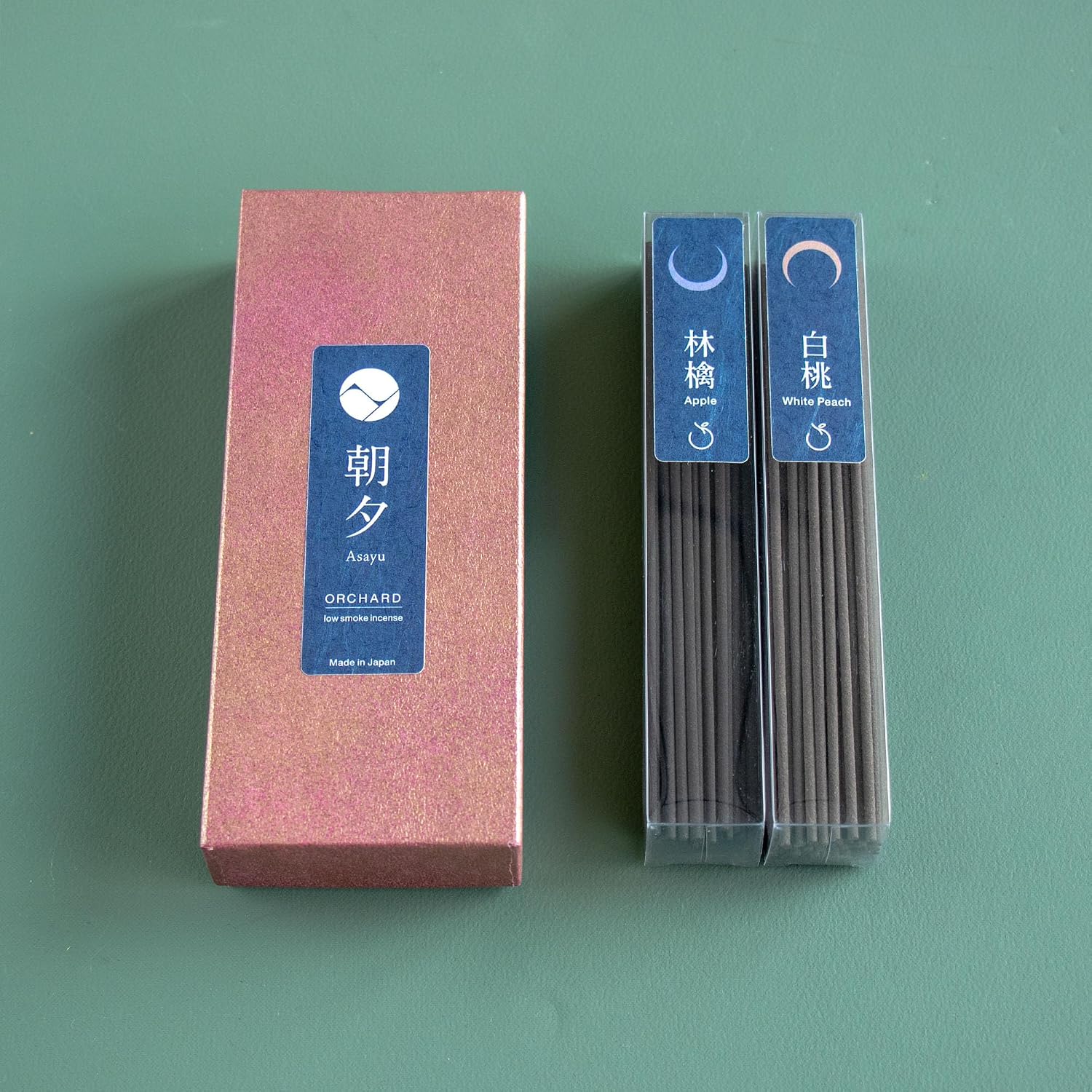 Asayu Japan Low Smoke Incense Sticks - Orchard Set (White Peach + Apple), 40gr (Each Scent 20g), for Yoga, Zen Meditation and Relaxation - Low Smoke for Less Irritation
