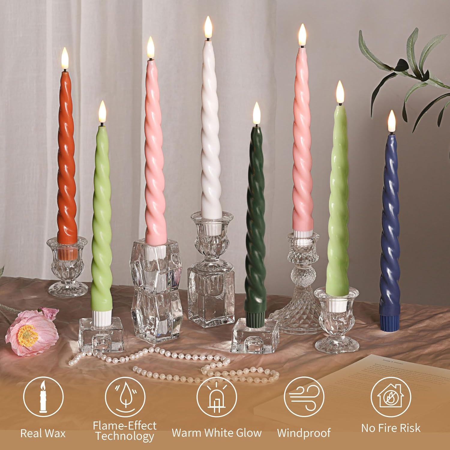 Spiral Flameless Taper Candles with Remote, Navy Blue Candles Battery Operated, Flickering LED Wax Candlesticks Set of 6
