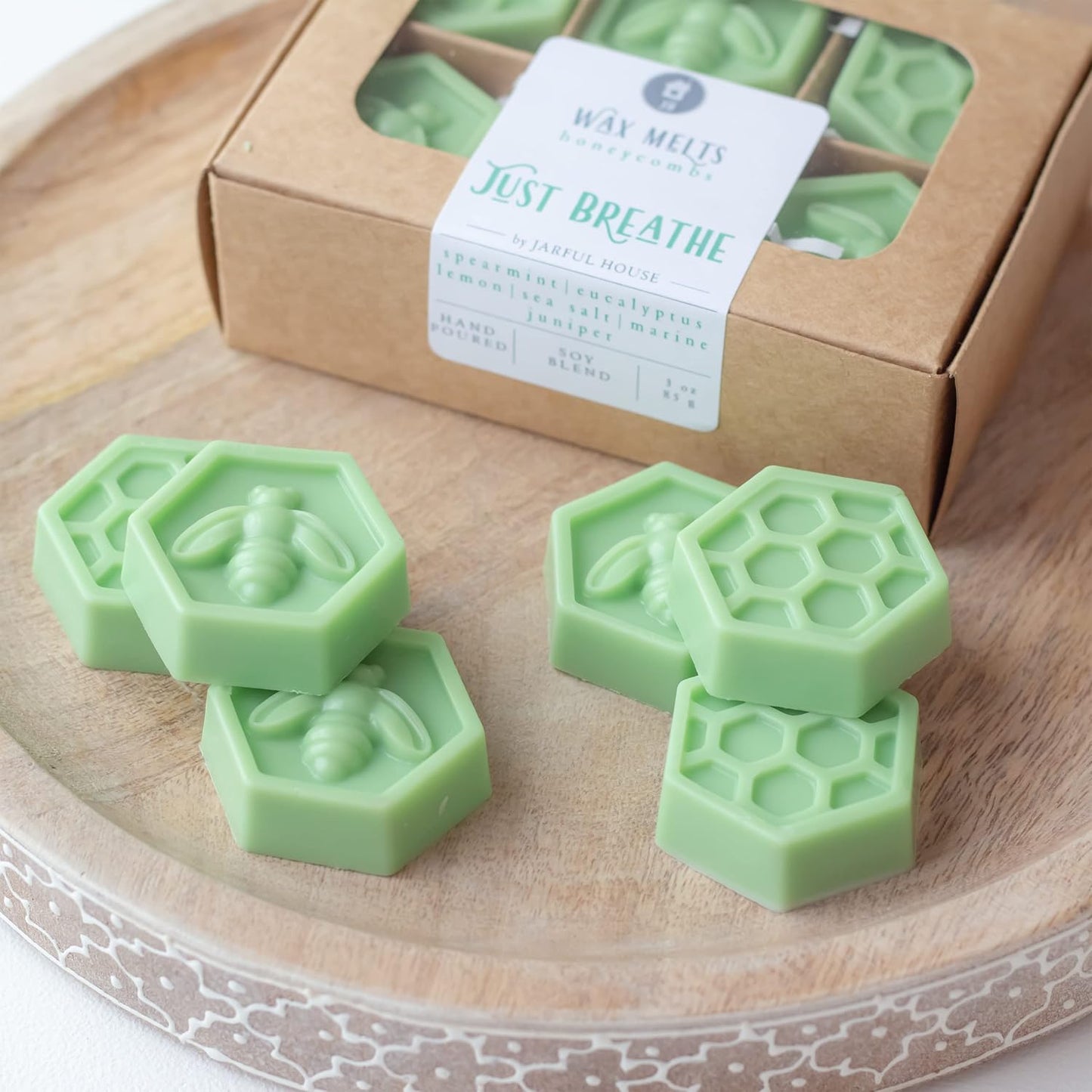 Scented Wax Melts Just Breathe | Light Green Natural Coco Wax Tarts 3 oz. | Aromatherapy Scent Eucalyptus Spearmint Lemon | Gift for Mom