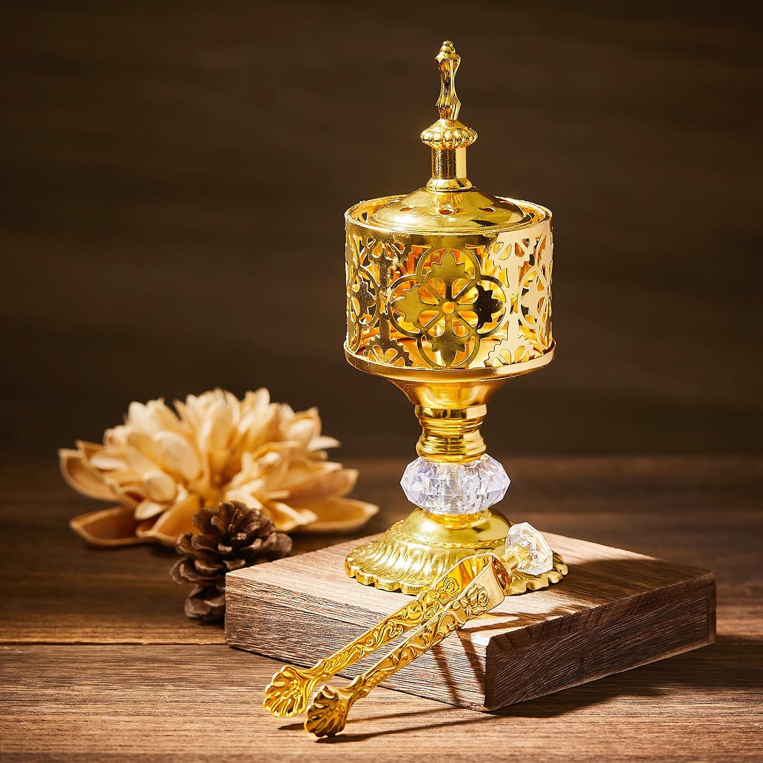 Zonon 2 Sets Incense Burner with Tong, Frankincense Charcoal Incense Stand Holder, Ideal for Yoga, Spa, Aromatherapy, Home and Christian Church Censer (Gold,Vintage)