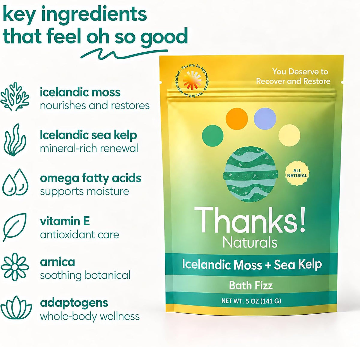 Bath Fizz, Icelandic Moss + Sea Kelp, Vegan &amp; Natural Bath Fizz with Sea Moss, Vitamin E, Shea Butter &amp; Himalayan Pink Salt, Spa at Home, Self Care Essential, Multiple Baths, 4 OZ