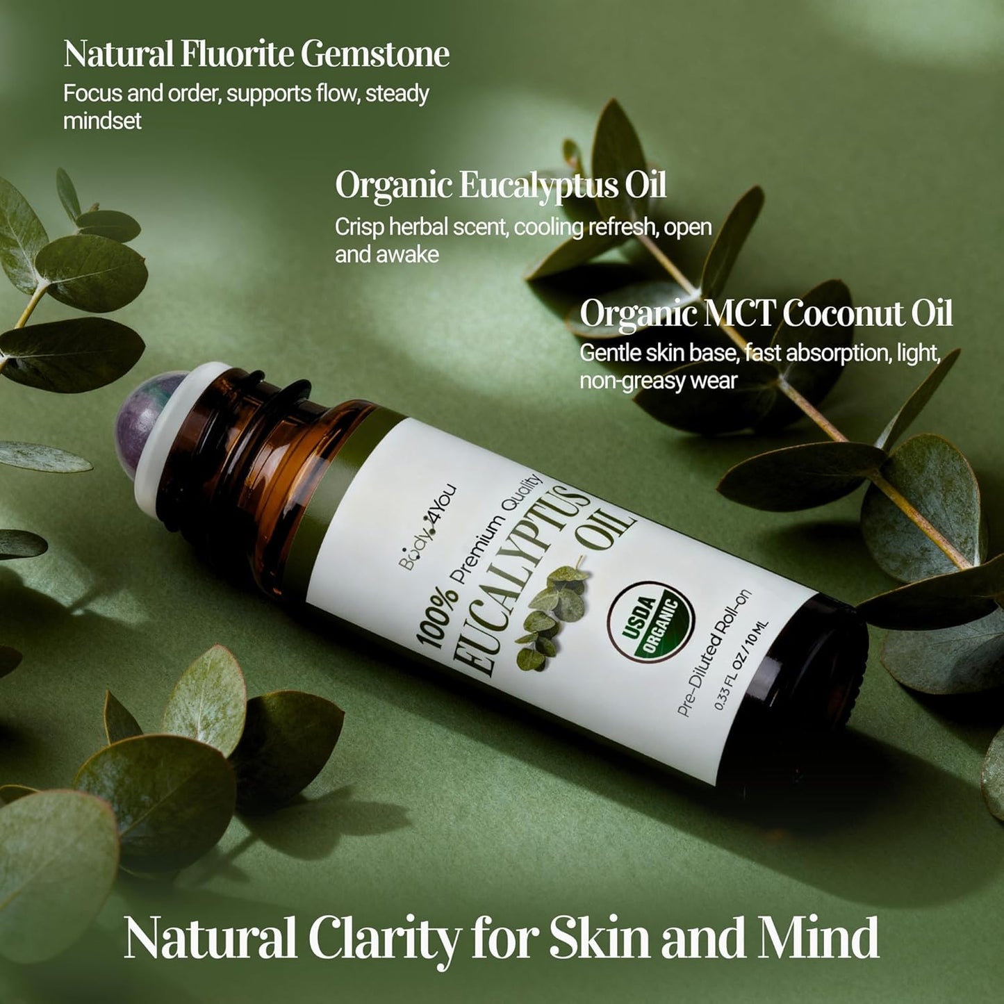 Eucalyptus Essential Oil Roll On for Sinus Congestion Headache - 100% Pure USDA Organic MCT Coconut Oil - Cooling Breathwork Chest Aromatherapy Mental Clarity Focus - Gemstone Roller 10ml Travel Size