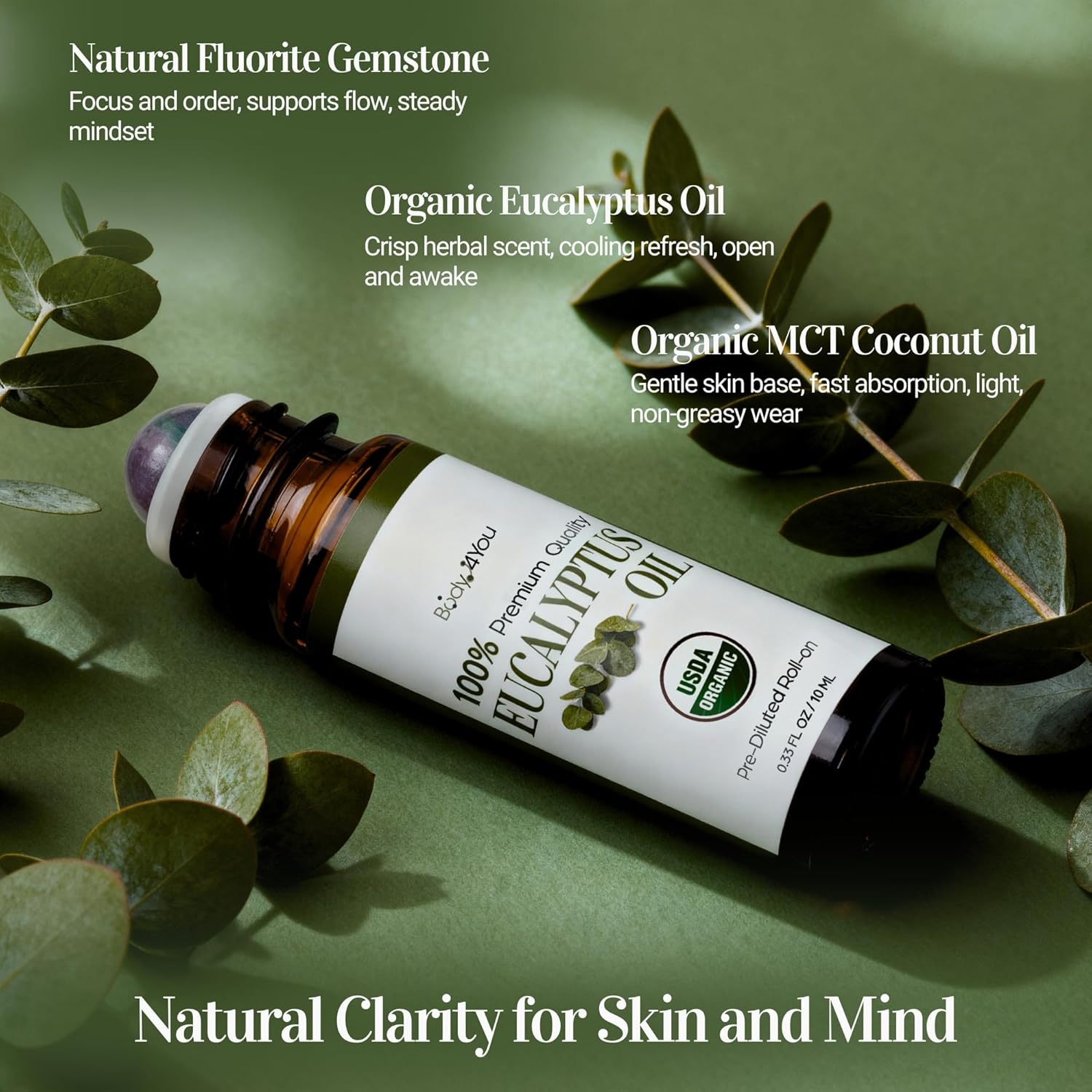 Eucalyptus Essential Oil Roll On for Sinus Congestion Headache - 100% Pure USDA Organic MCT Coconut Oil - Cooling Breathwork Chest Aromatherapy Mental Clarity Focus - Gemstone Roller 10ml Travel Size