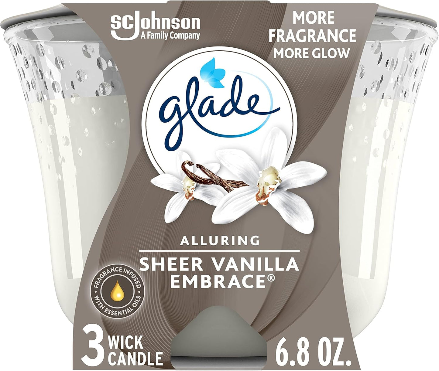 Glade Candle Sheer Vanilla Embrace, Infused with Essential Oils, Air Freshener, 3-Wick Candle, 6.8 Oz
