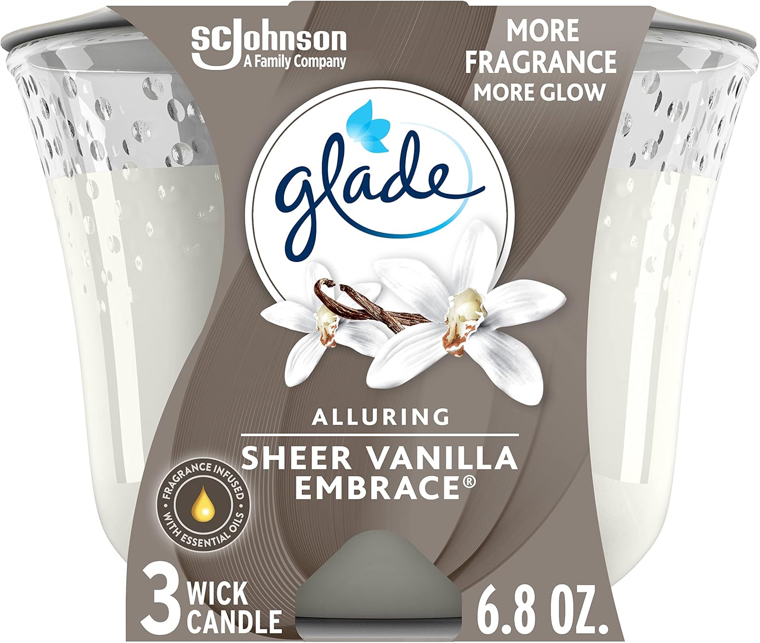 Glade Candle Sheer Vanilla Embrace, Infused with Essential Oils, Air Freshener, 3-Wick Candle, 6.8 Oz