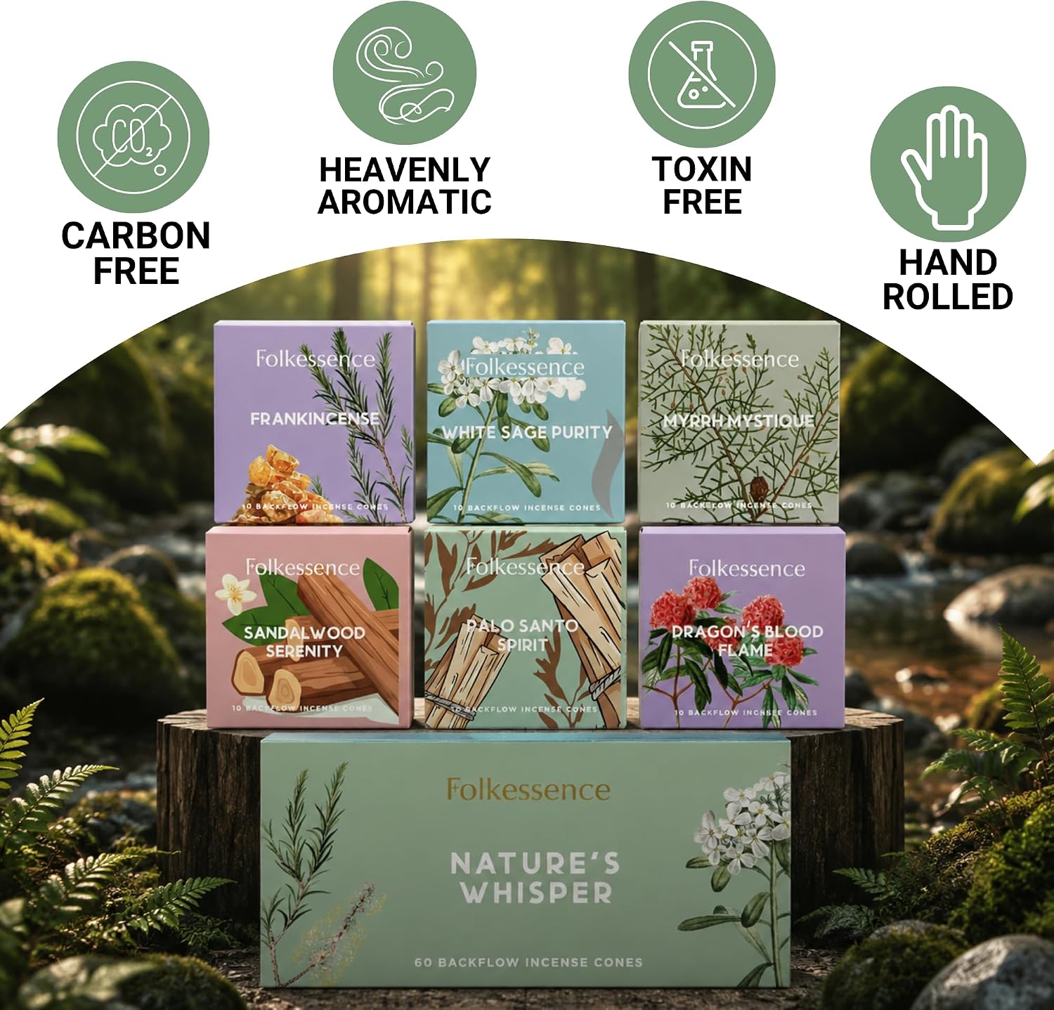 Folkulture Backflow Incense Cones Set (60 Cones) | Nature’s Whisper Cones for Meditation & Aromatherapy | Charcoal Free, Non Toxic | Frankincense, White sage & Sandalwood Fragrance Home Decor Gift