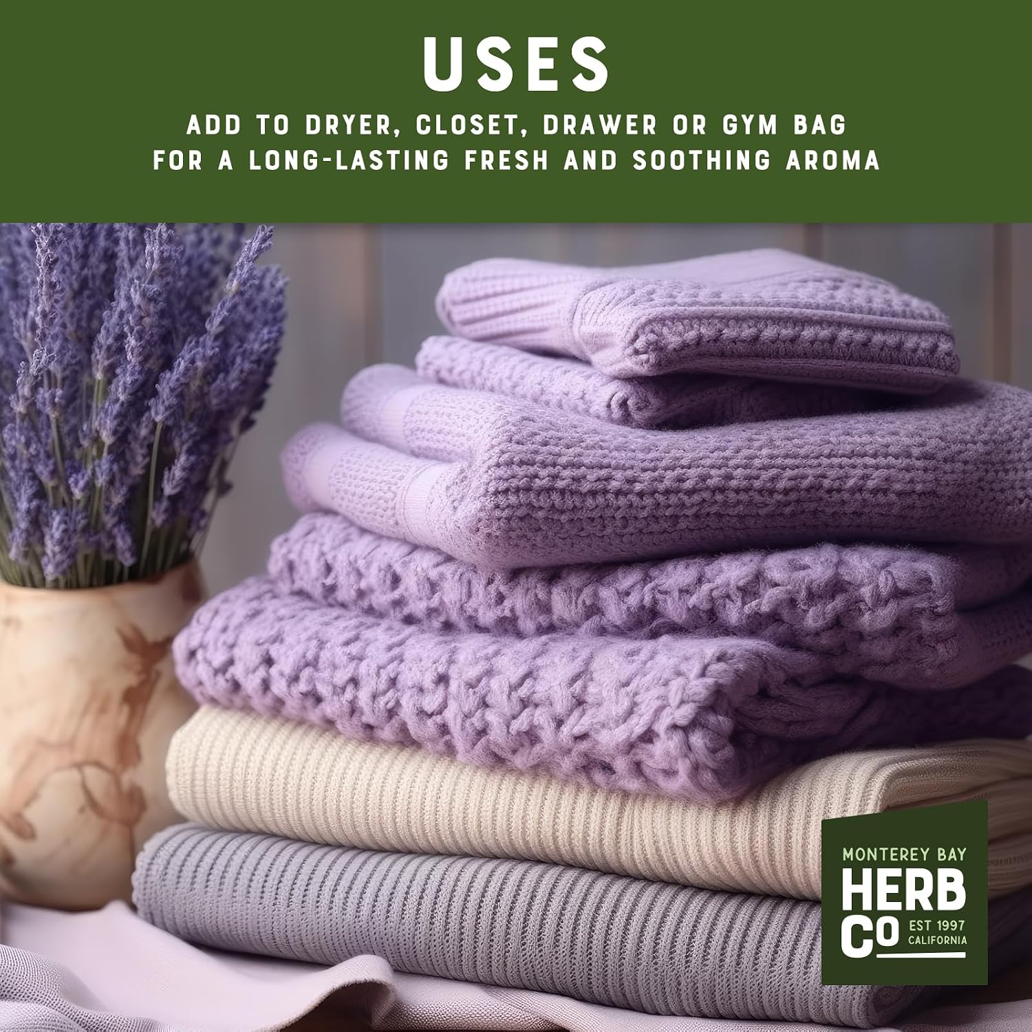 Lavender Laundry Sachets, by Herb Co, Lavandula x Intermedia, Natural, Reusable Dryer Fabric Softener and Closet Freshener, Kosher, Pack of 18