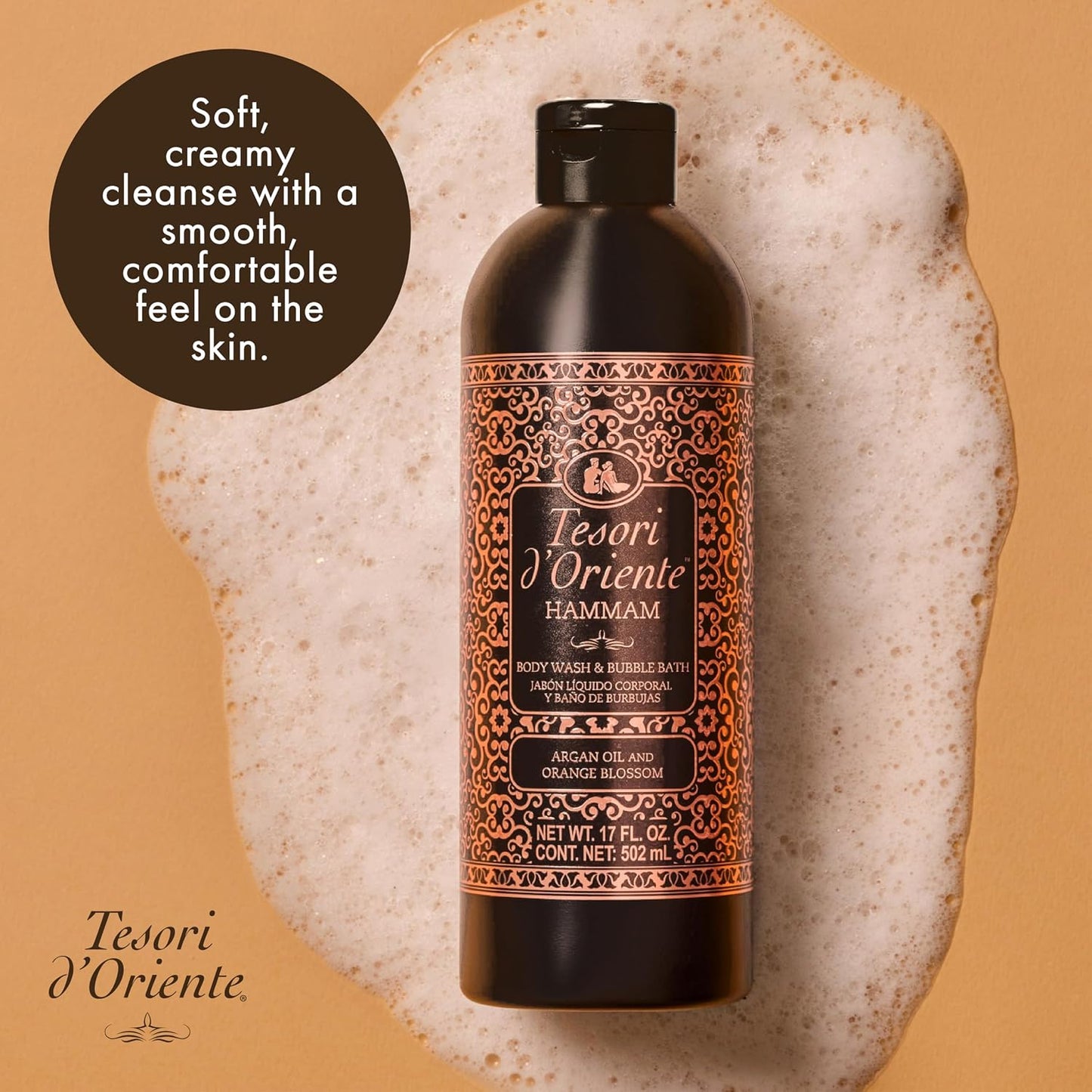 Tesori d’Oriente Hammam Body Wash & Bubble Bath, 17.5 fl oz, Gentle, Hydrating Shower Gel with Argan Oil & Vitamin E, Warm Orange Blossom Scented, No Silicones, Parabens & Mineral Oil