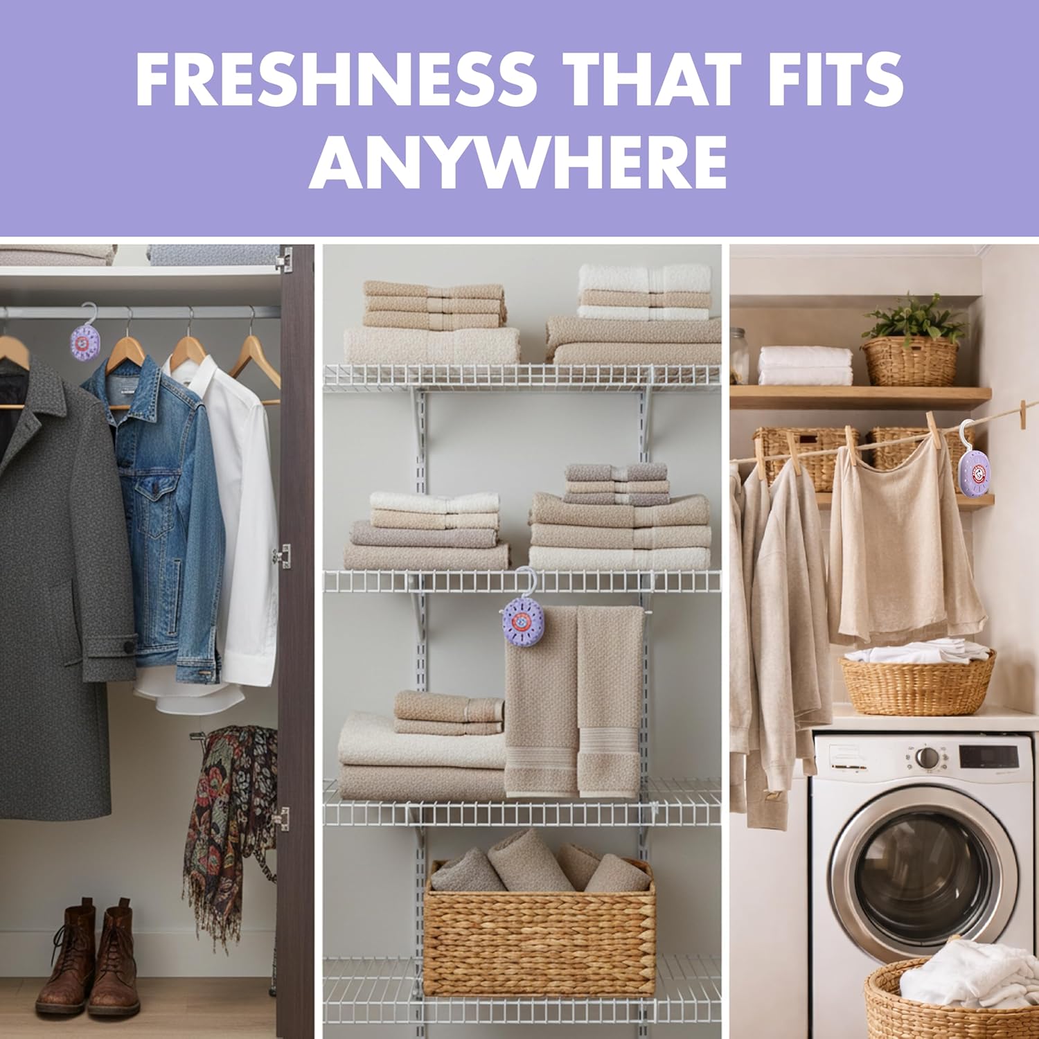 Arm & Hammer OdorBusterz ClosetMATE™, Lavender, 4 Count – Hanging Odor Absorber with Baking Soda, 360° Rotating Hook for Closets, Lockers & Storage Areas