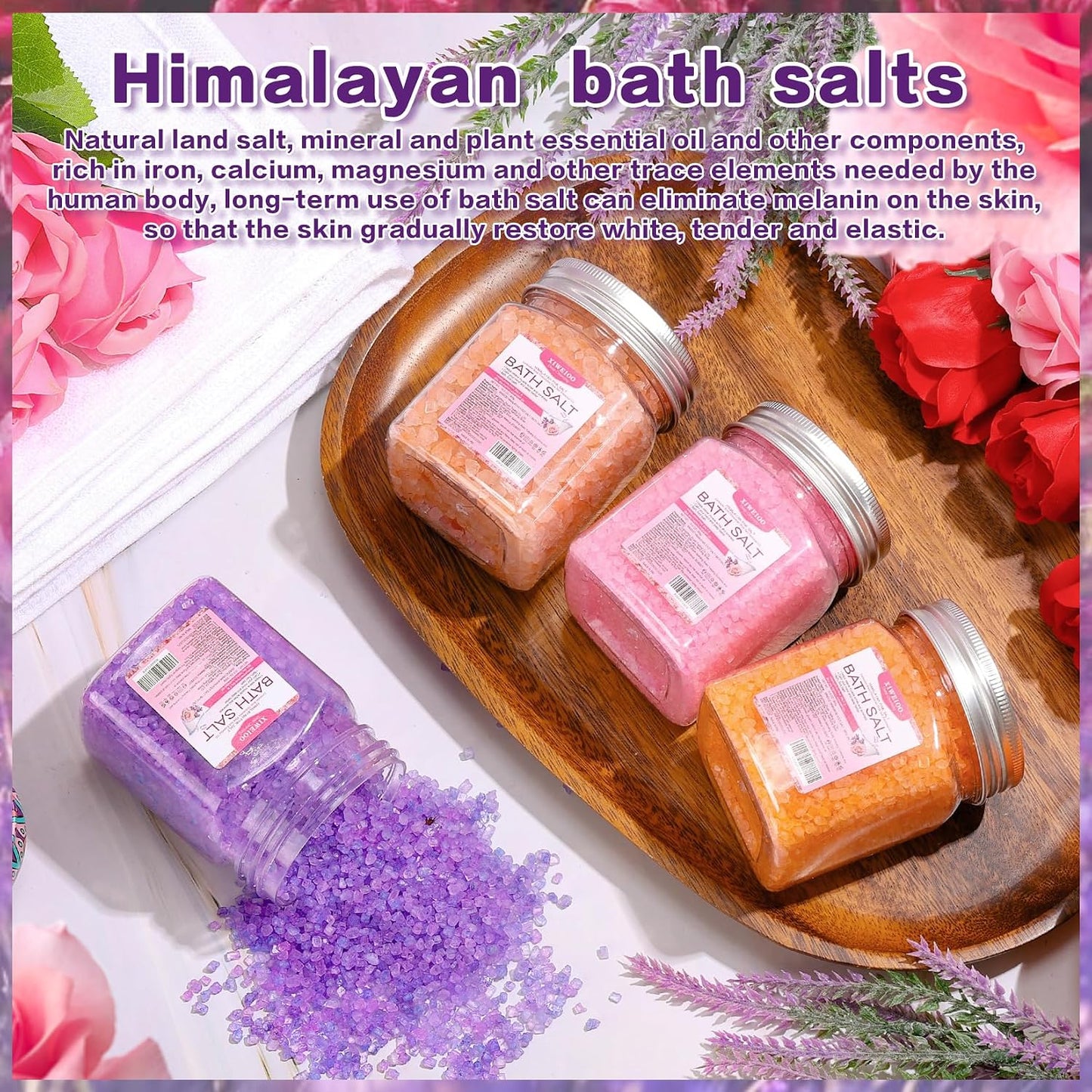 4 Pack Bath Salts Soaking Kit Himalayan Pink Salt Lavender Orange Rose Pink Scent Epsom Salt Bubble Bath Women Christmas Gift Dead Sea Salt Moisturizing Skin