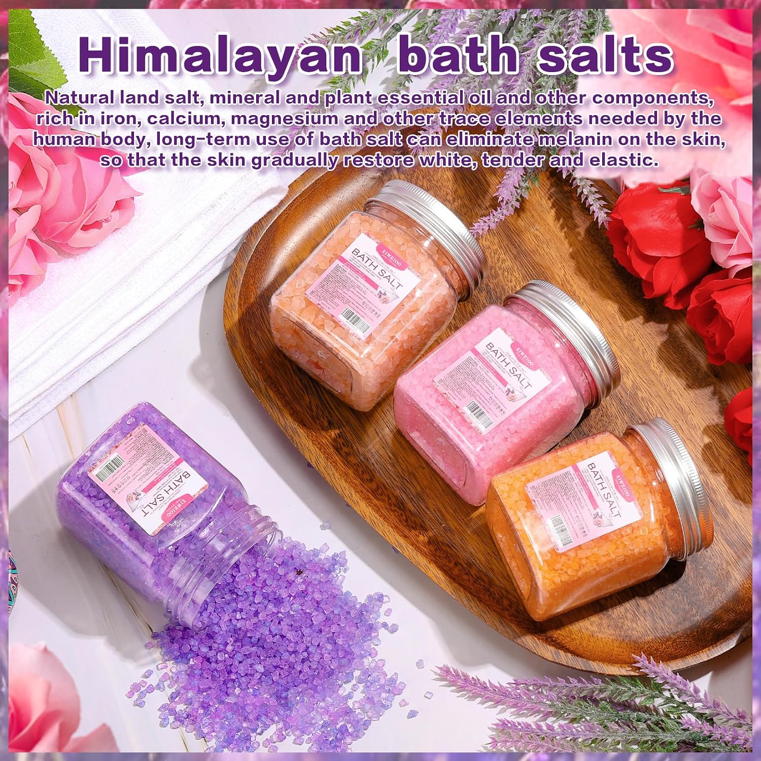 4 Pack Bath Salts Soaking Kit Himalayan Pink Salt Lavender Orange Rose Pink Scent Epsom Salt Bubble Bath Women Christmas Gift Dead Sea Salt Moisturizing Skin