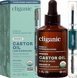 Cliganic Organic Castor Oil, 100% Pure (1oz Glass Bottle with Eyelash Kit) - For Eyelashes, Eyebrows, Hair & Skin