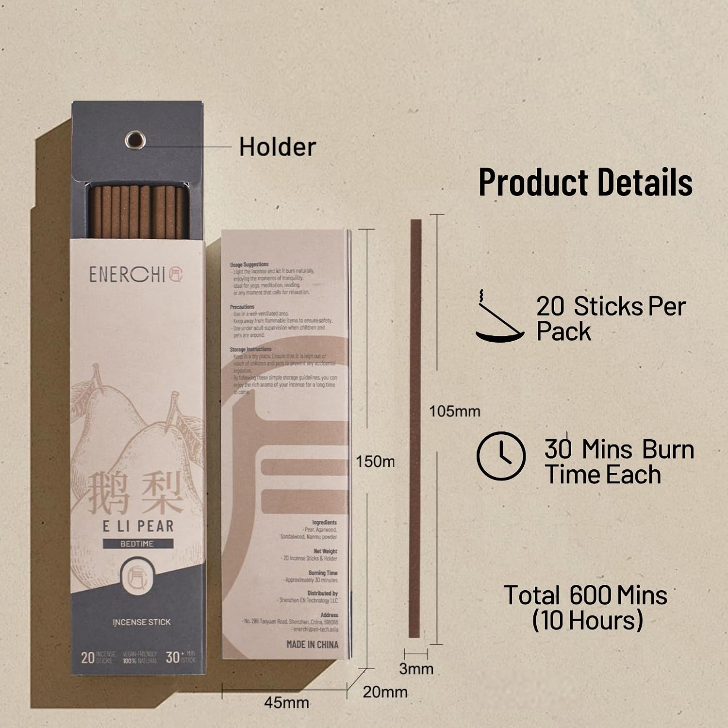Pear-Steamed Sandalwood Incense Sticks with Agarwood — 20 Hand-Rolled Sticks, 3-Stage Scent (Fresh Pear to Milky Wood), Low Smoke, 30 Min Burn, Natural Incense for Meditation & Bedtime Ritual