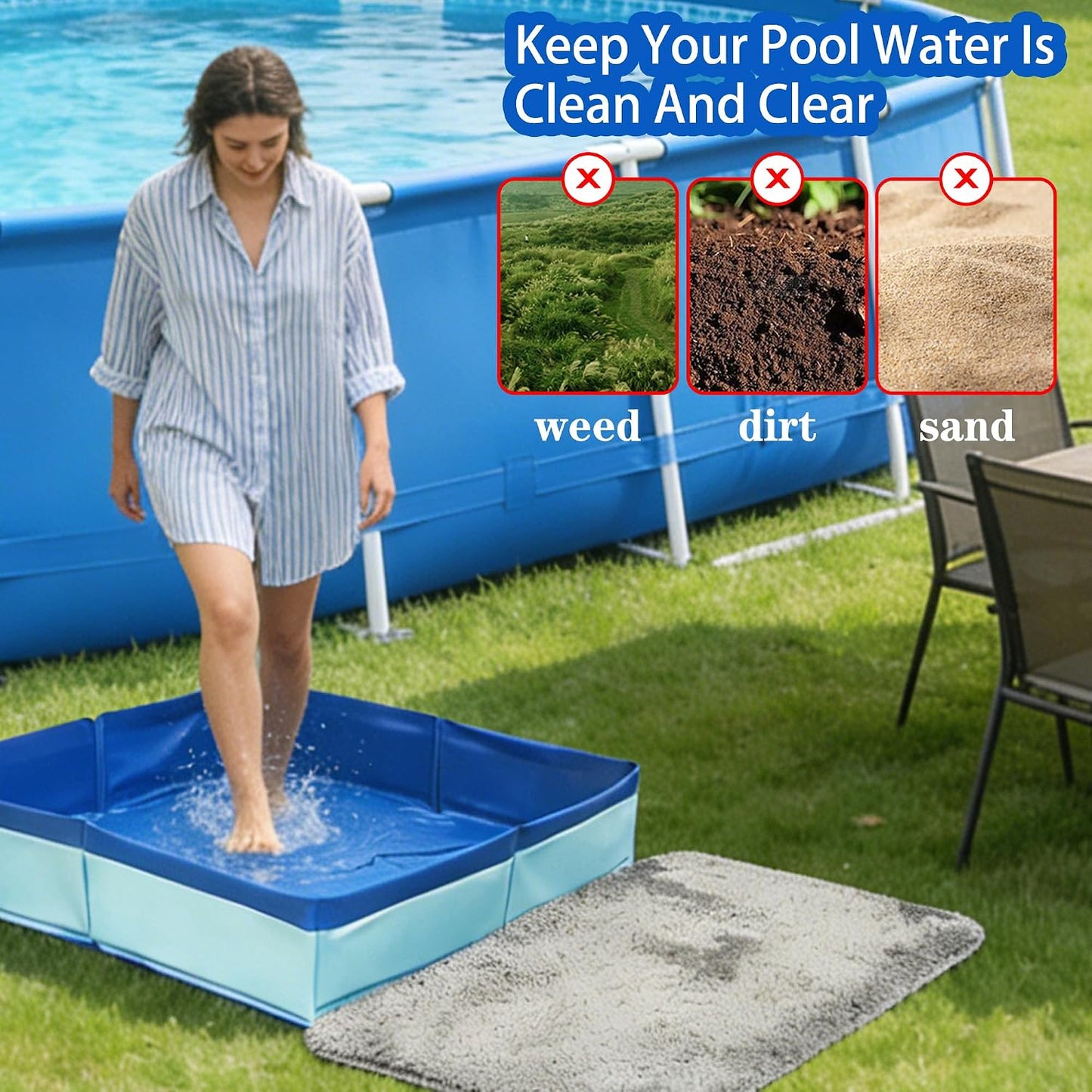 19.6"x19.6"x4.1" Lagre Pool Foot Bath Basin with Mats, Foldable Square Pool Foot Wash Tub for Above Ground Swimming Pools Spa Entry Ladder Pool Accessories Pool Clean Feet Accessory