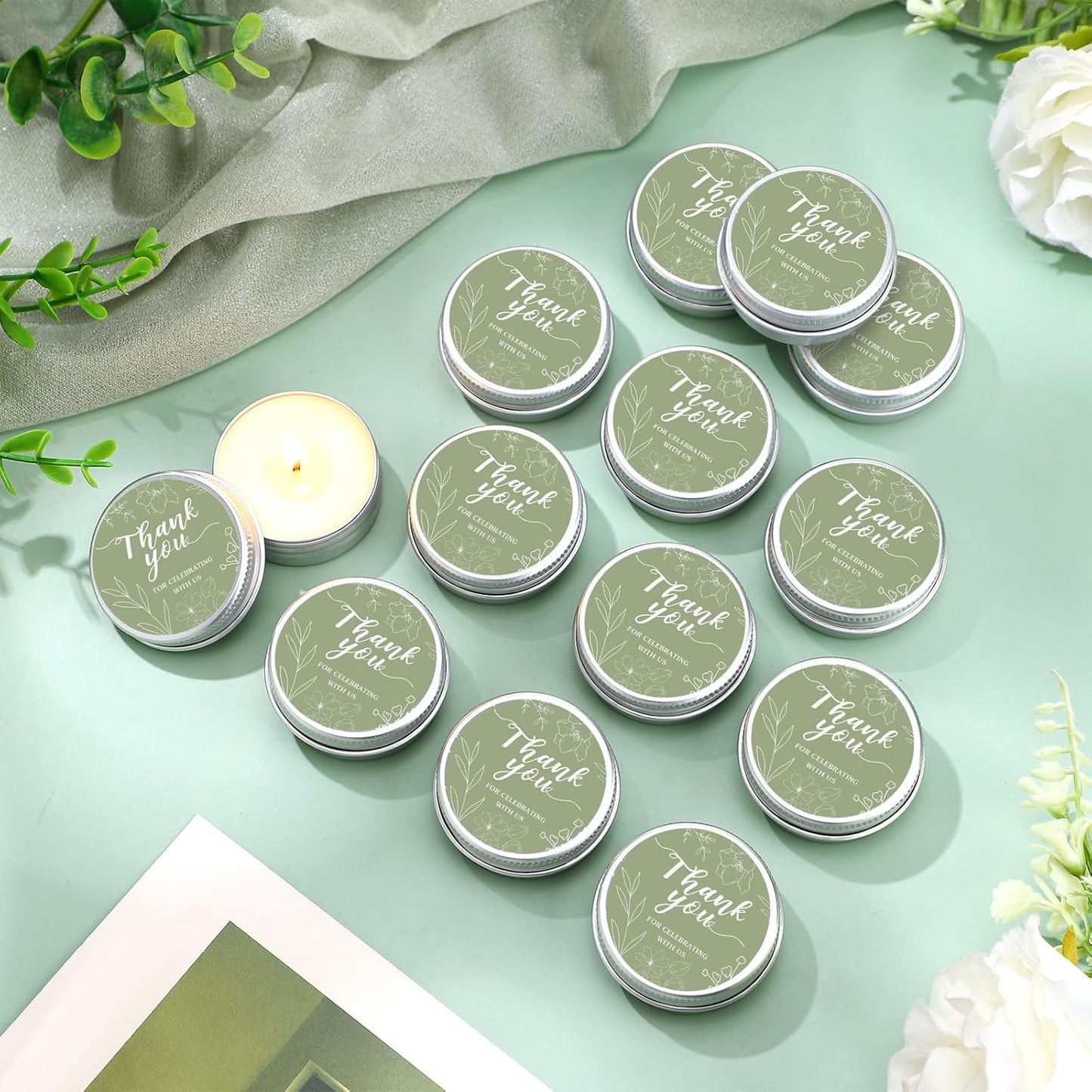 MTLEE 50 Pcs Sage Green Wedding Thank You Candles Gifts for Guests, Bridal Shower Baby Shower Favors, 1 oz Mini Lavender Scented Soy Wax Candles Tin Bulk for Birthday Aromatherapy Party Favors