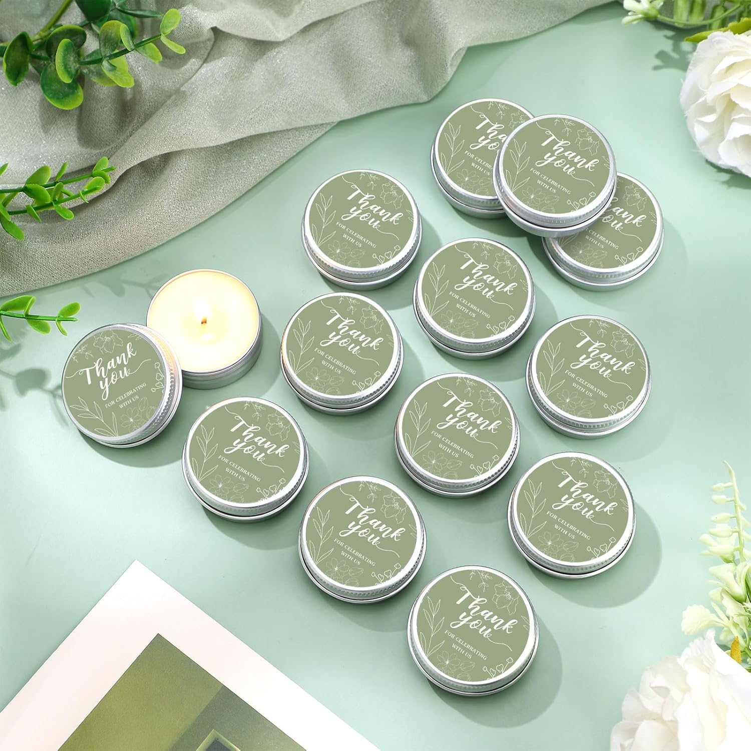 MTLEE 50 Pcs Sage Green Wedding Thank You Candles Gifts for Guests, Bridal Shower Baby Shower Favors, 1 oz Mini Lavender Scented Soy Wax Candles Tin Bulk for Birthday Aromatherapy Party Favors